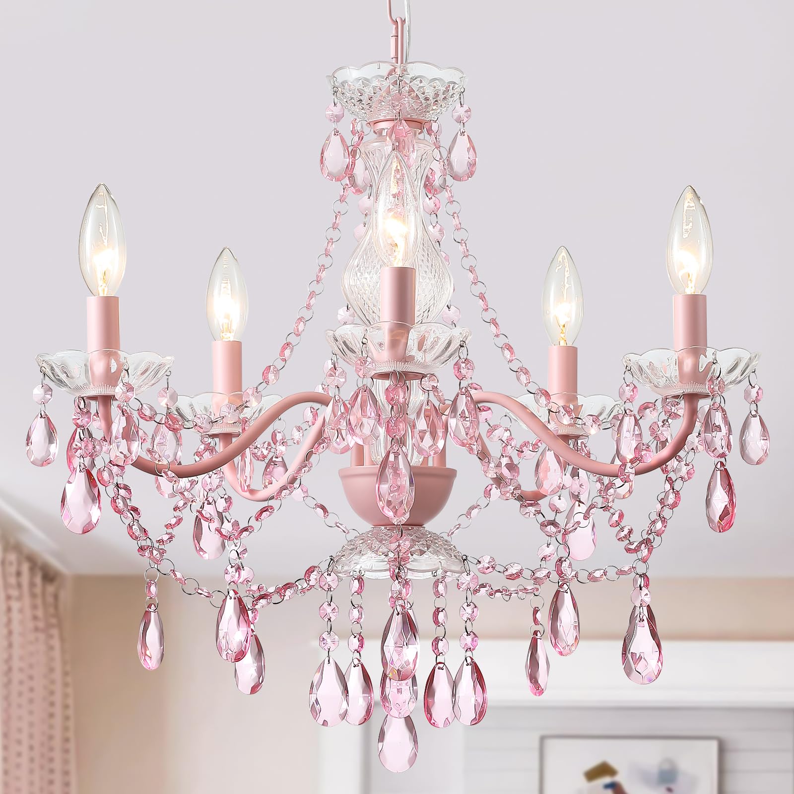 Amzasa Modern Crystal Pink Chandelier, Not Acrylic Crystal,Pink Crystals Hanging Pendant Light For Girls Room,Ceiling Medallions