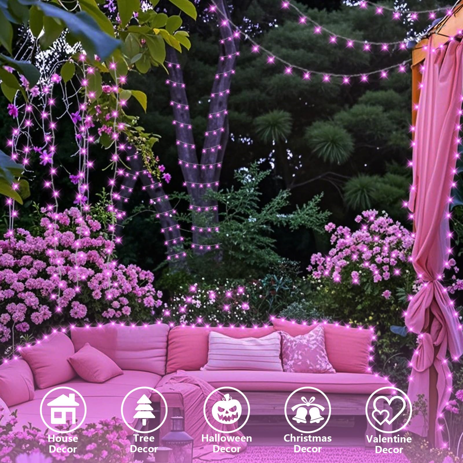 Yeguo Pink Christmas Lights Outdoor Waterproof  165Ft 500 Led String Lights Indoor  8 Modes Clear Wire Fairy Light Plug In For Party Tree Valentines Wedding