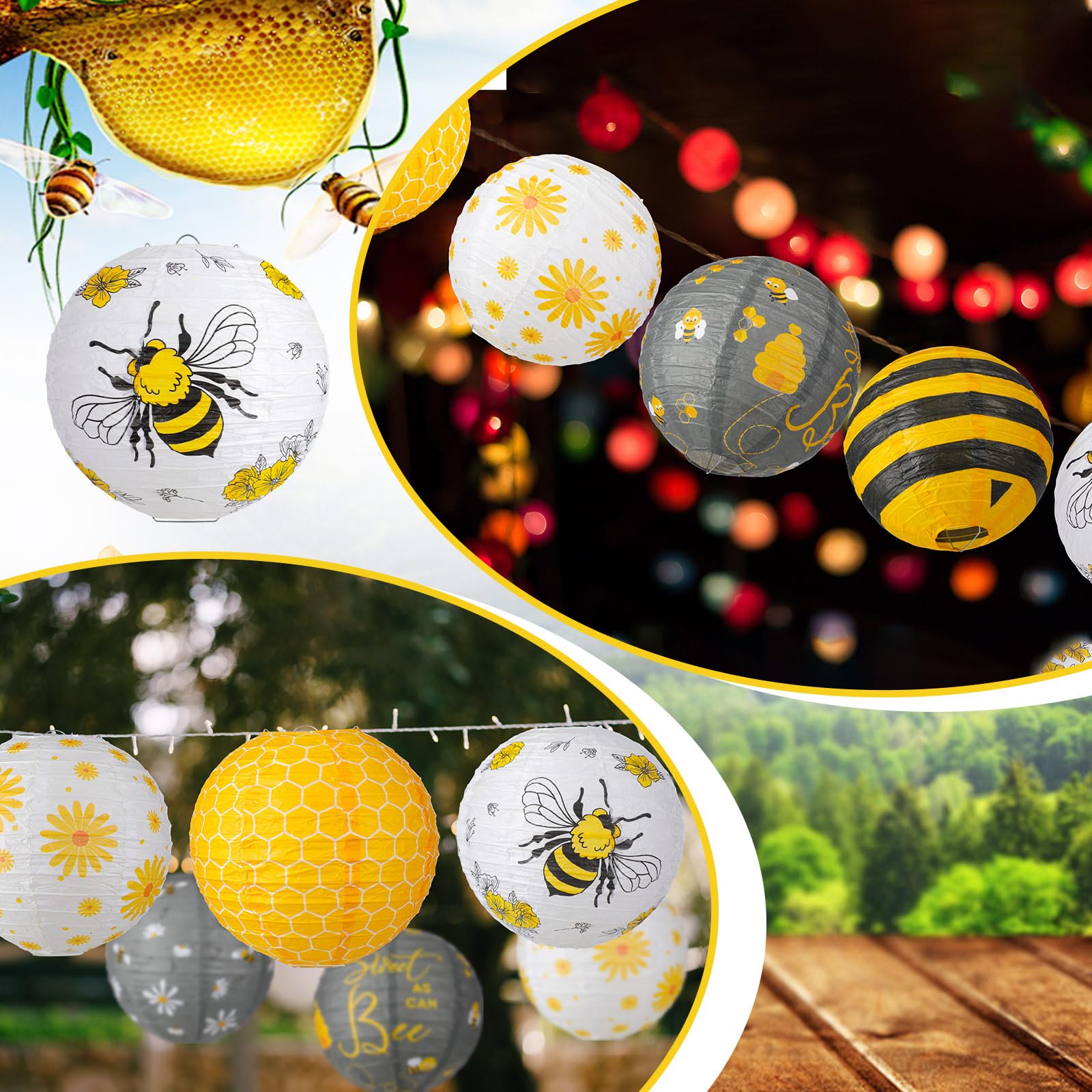 Panelee 12 Pcs Bee Paper Lanterns Party Decorations 8 Inch Hanging Round Hanging Paper Party Decorations For Holiday Indoor Outd