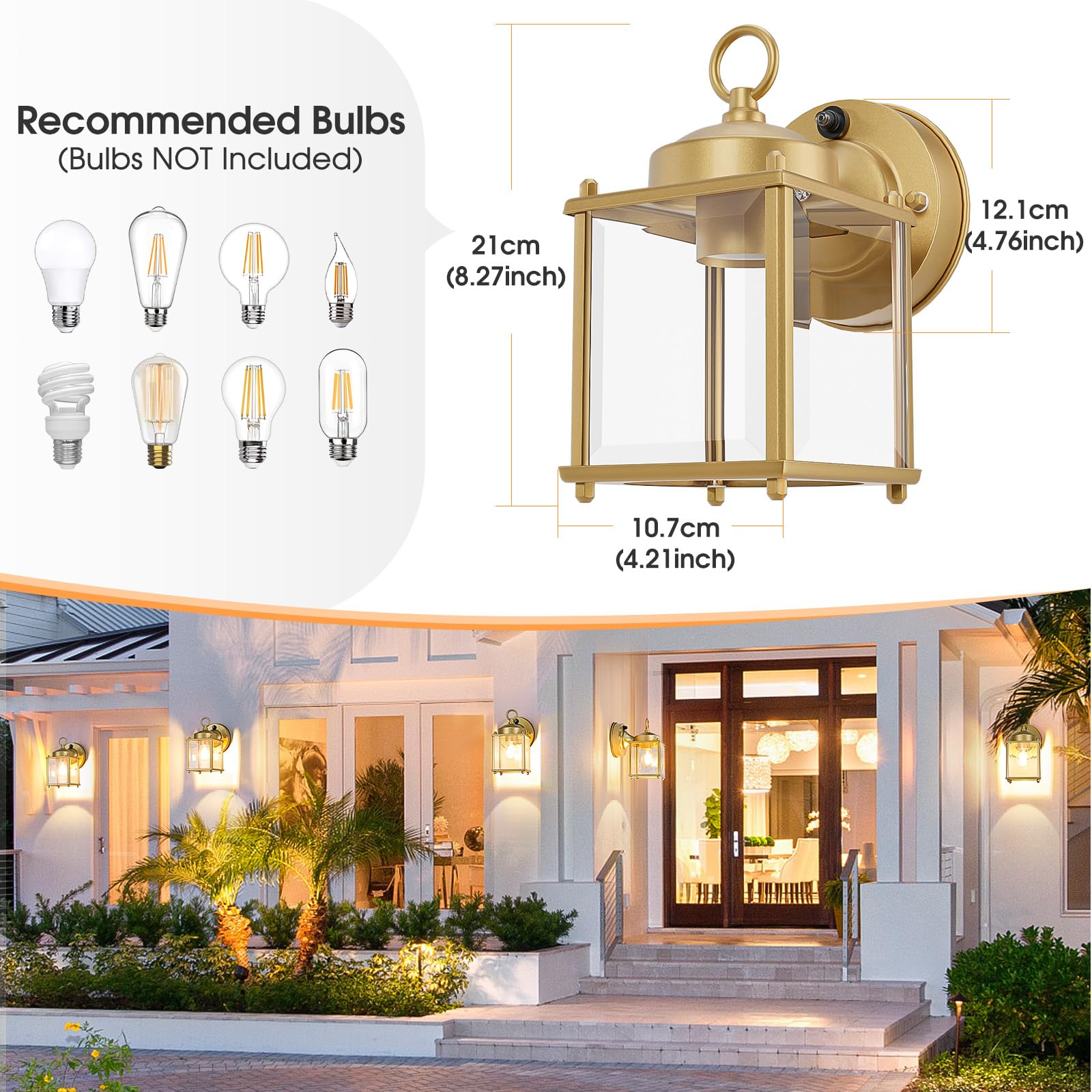 MATAMEYE Outdoor Wall Sconce - Dusk to Dawn Sensor, Waterproof Gold Lanterns, Beveled Glass, 2 Pack, Model GS8648-BK-FS