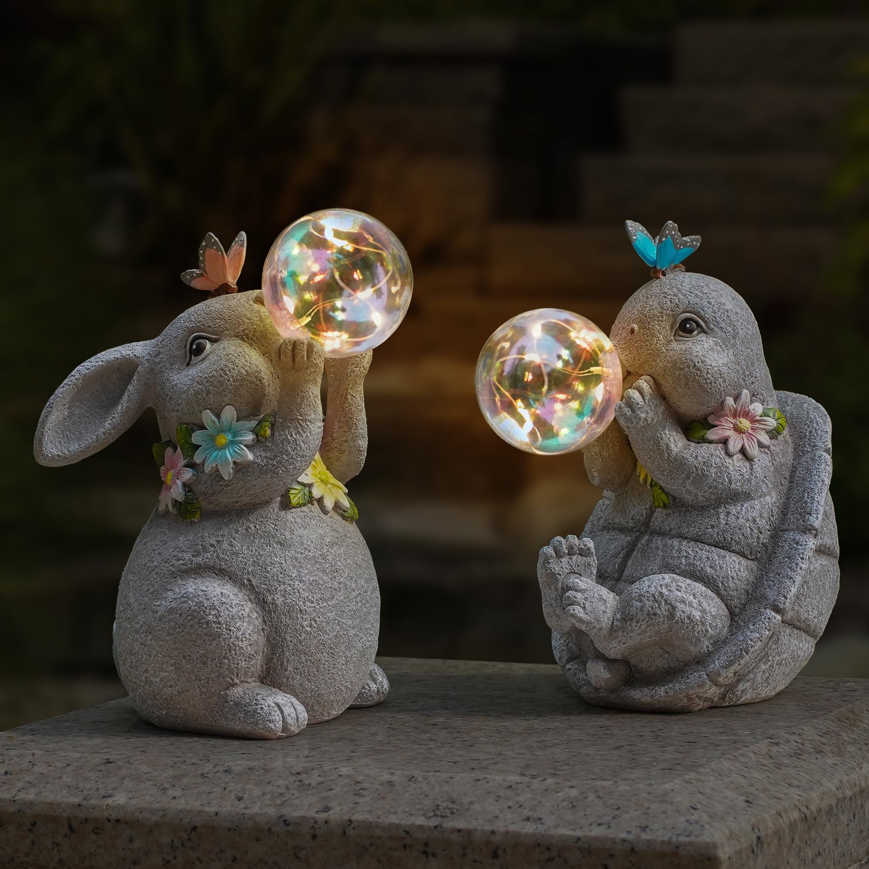 Mininova Solar Garden Decor Lights Rabbit Statue With Bubble Ball Waterproof Decorations Cute Bunny Figurine For Outside Spring Yard Lawn