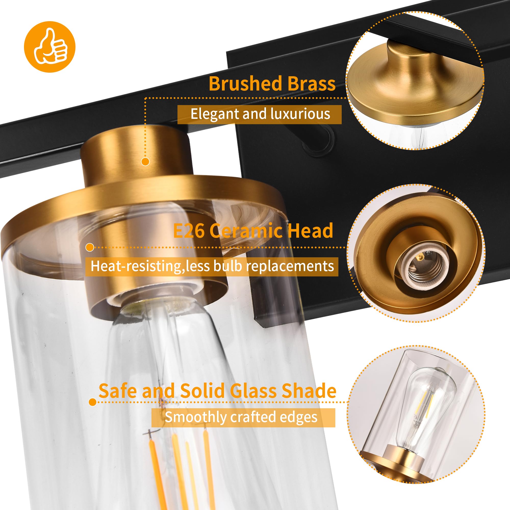 Grower 4 Lights Bathroom Light Fixtures, Black And Gold Bathroom Vanity Lights Over Mirror, Wall Sconces With Clear Glass Shade, Brushed Nickel Vanity Light Fixture For Bedroom Hallway Porch