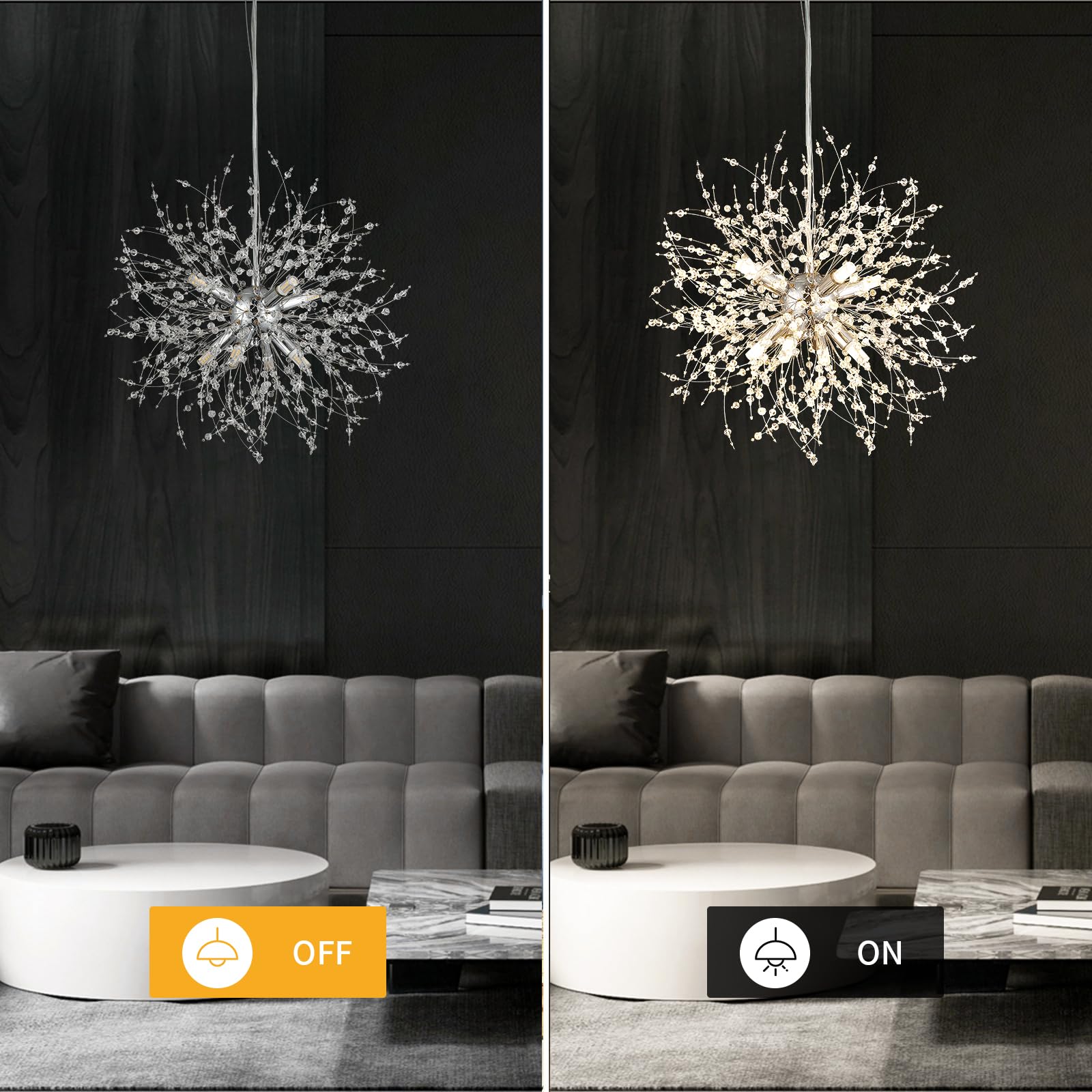 Foucasal 8-Light Crystal Pendant Light Modern Dandelion Sputnik Chandelier Chrome Firework Ceiling Lighting Fixture For Dining R