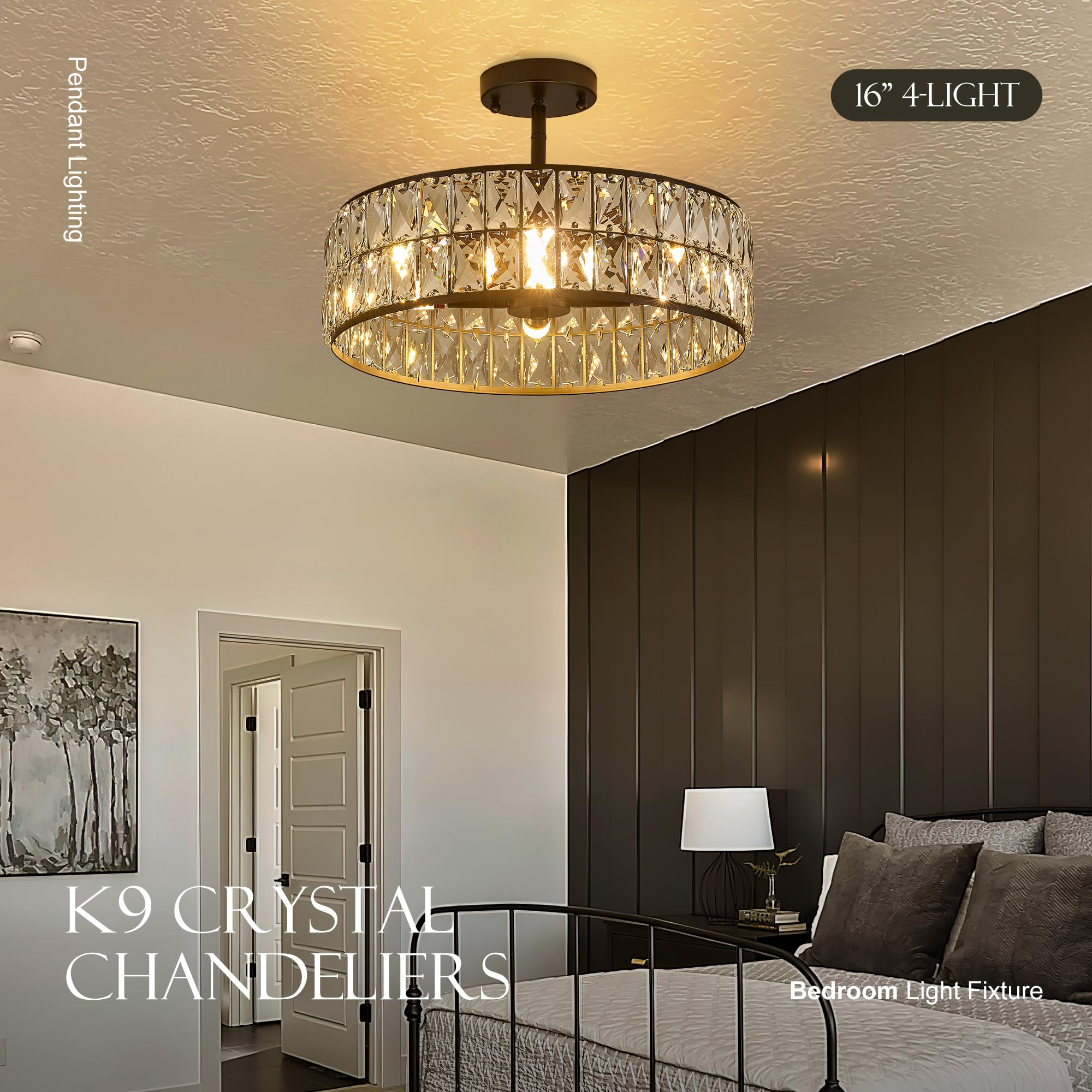 Salaiwei 16” 4-Light Modern Black Crystal Chandelier, Round Pendant Light Fixture for Dining Room, Kitchen Island, Living Room