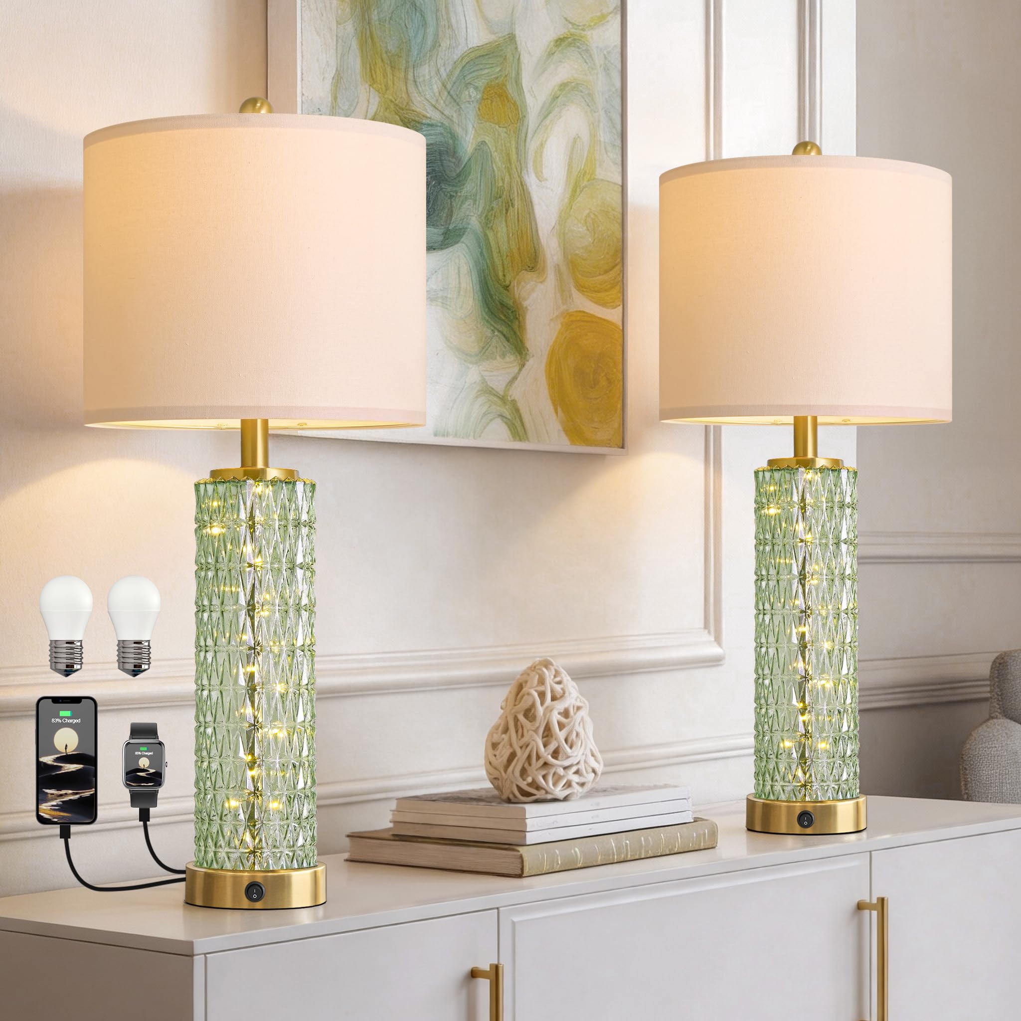 Oneach 27.75 Modern Table Lamps Set of 2  Green Bedside Lamp with Glass Nightlight  USB A+C  Unique Desk Lamps for Living Room  Bedroom  Nightstand  End Table (2 Bulbs Included)