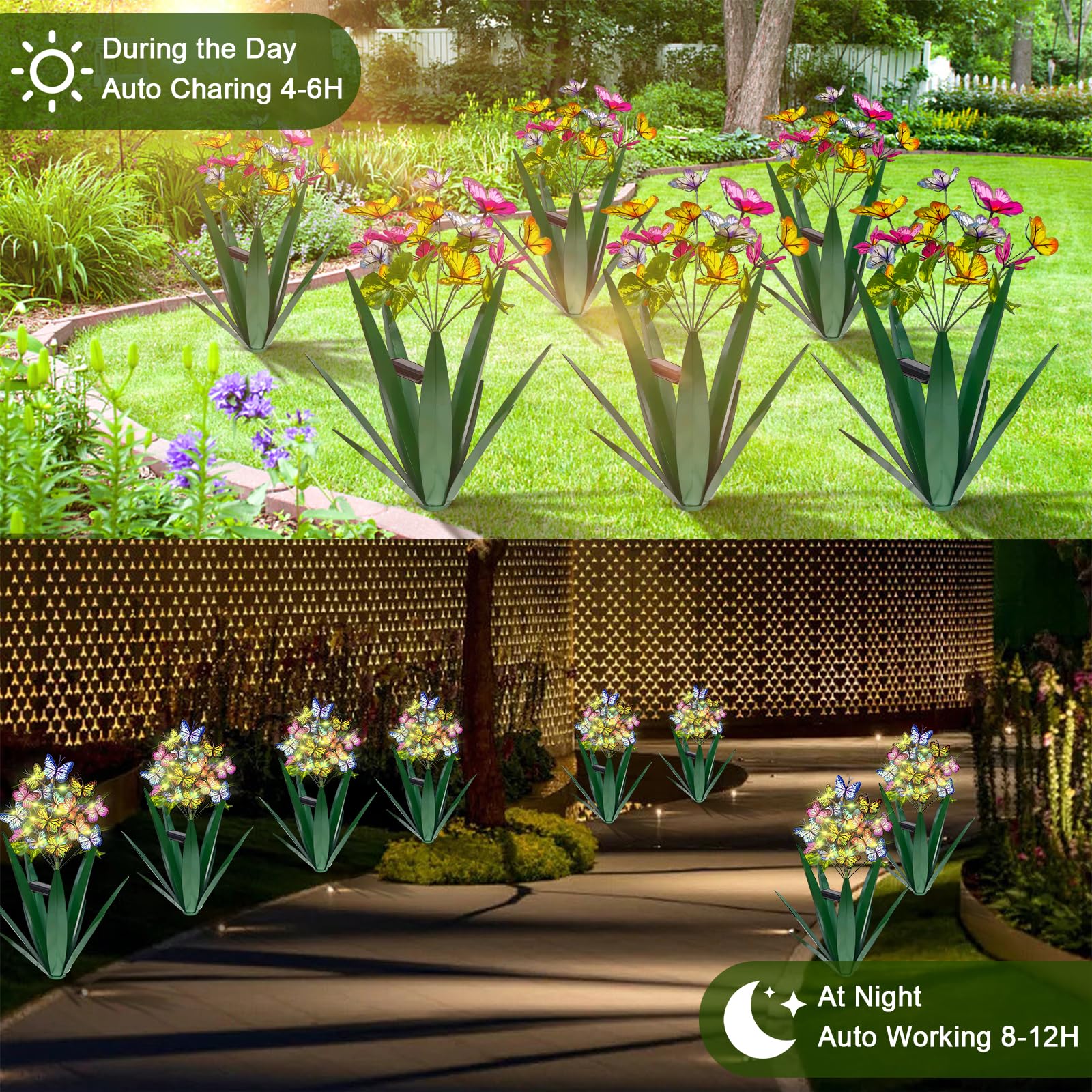 Homight Solar Metal Agave Butterfly Flower Stick Garden Sculpture - Outdoor Gift, Christmas Lights, Swaying Butterfly Sunflower