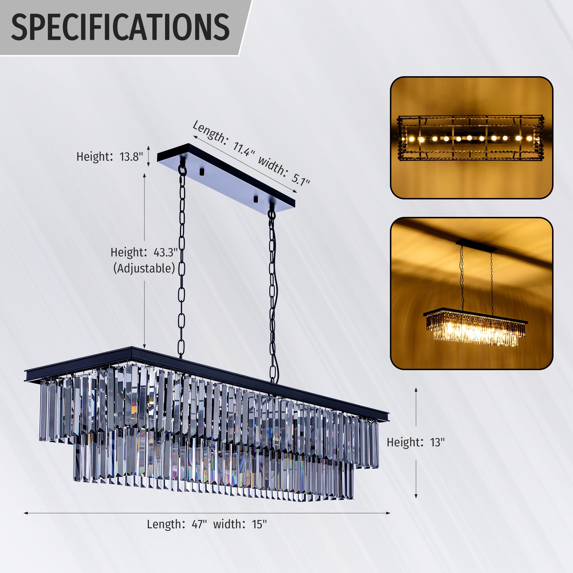 Wellmet 47" Crystal Chandelier, 11-Light Smoke Grey Linear Light Fixture for Living Room, Dining Room, Bedroom, Kitchen Island