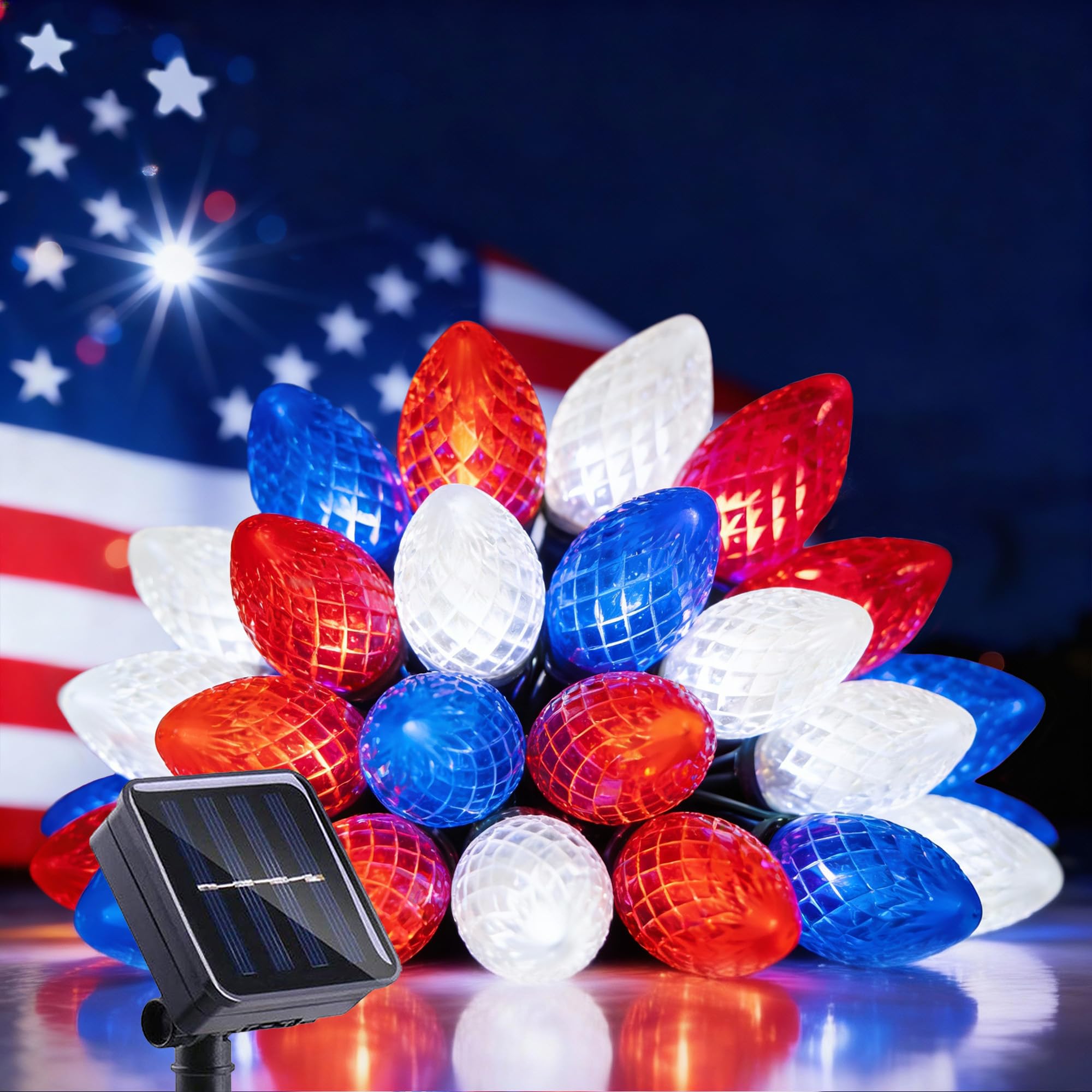 L LAMPOP 4th of July Decorations C7 Bulb Solar String Lights Outdoor Waterproof 50 LED Red White Blue Solar Lights for Independe