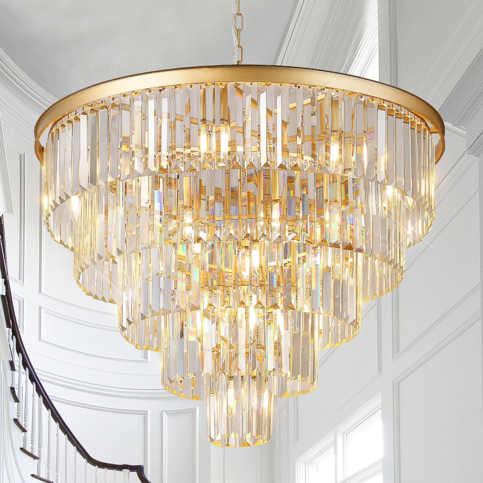 CATINER Large Crystal Chandeliers Modern 30   Gold Chandelier for Foyer Staircase Chandeliers 5 Tiers 16 Lights Luxury K9 Ceilin