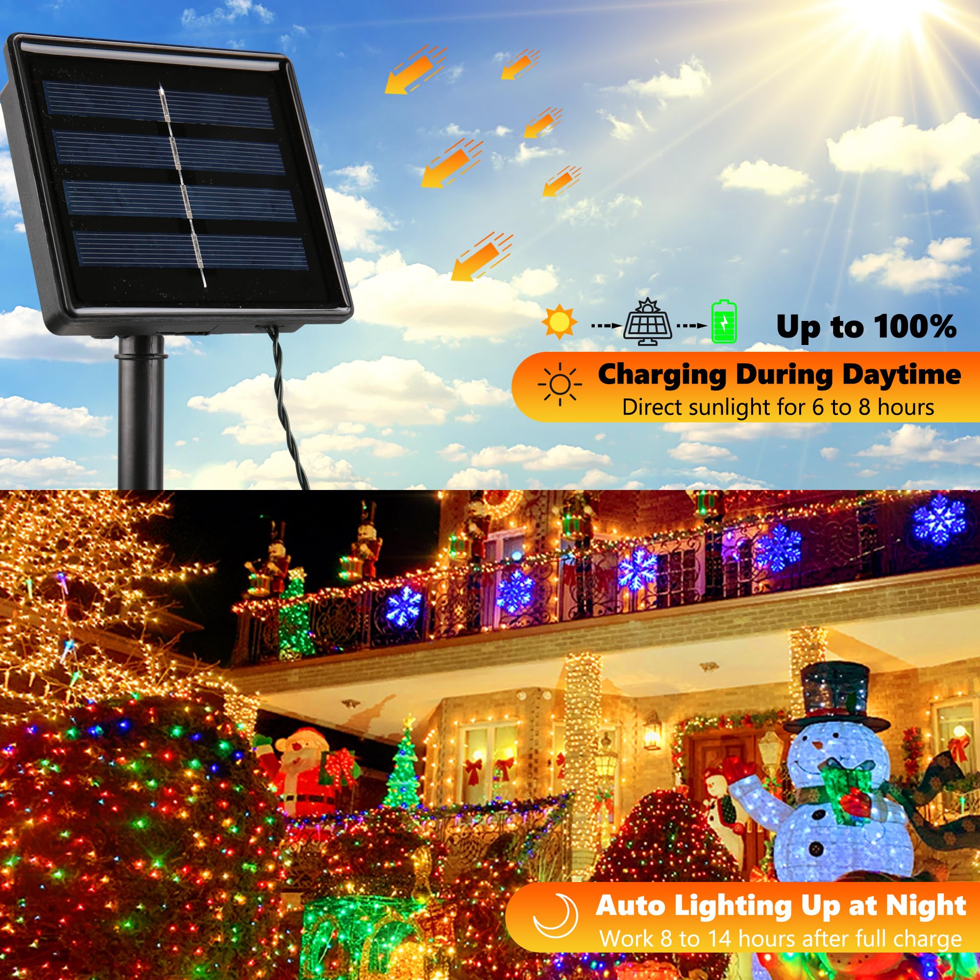 Joomer Solar String Lights, 2 Pack 144FT 400 LED Color Changing Waterproof Twinkle Fairy Lights - Warm White to Multicolor