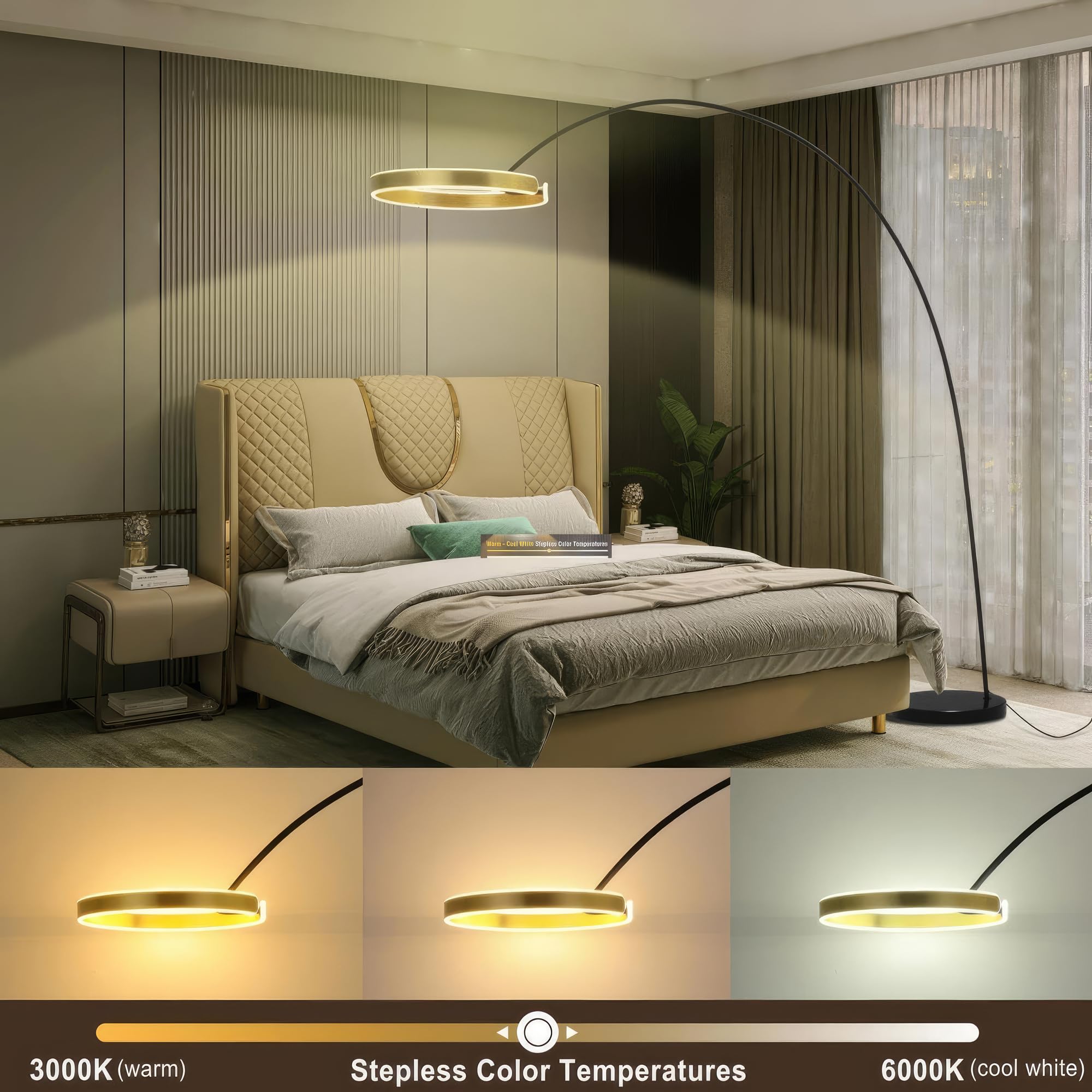 Contemporary 81'' Tall Led Overreaching Sofa Arched Floor Lamp With Remote Control - Modern Standing Corner Light, Gold Metal Sh