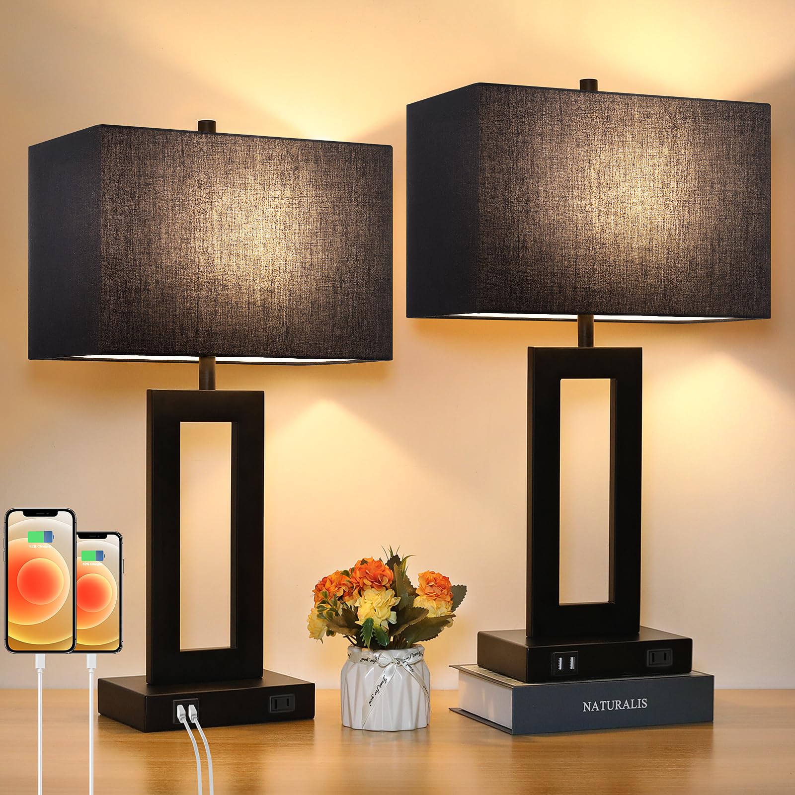 Set of 2 Touch Control Table Lamps with 2 USB Ports&AC Outlet  3-Way Dimmable Modern Nightstand Lamp Sets  Bedside Black Lamps for Bedroom Living Room End Tables Reading  Bulbs Included  Black Shade