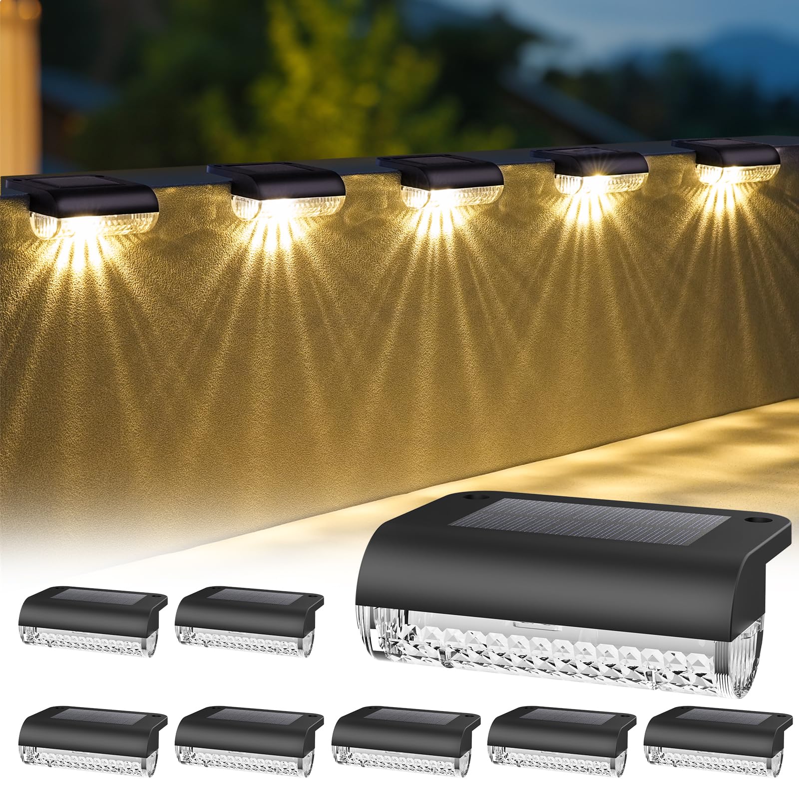 Herzila 8 Pack Solar Deck Lights Outdoor  Solar Step Lights Waterproof Led Lights 3000K Warm White  Auto Dusk-to-Dawn  Low Profile  for Deck Steps Fence Patio