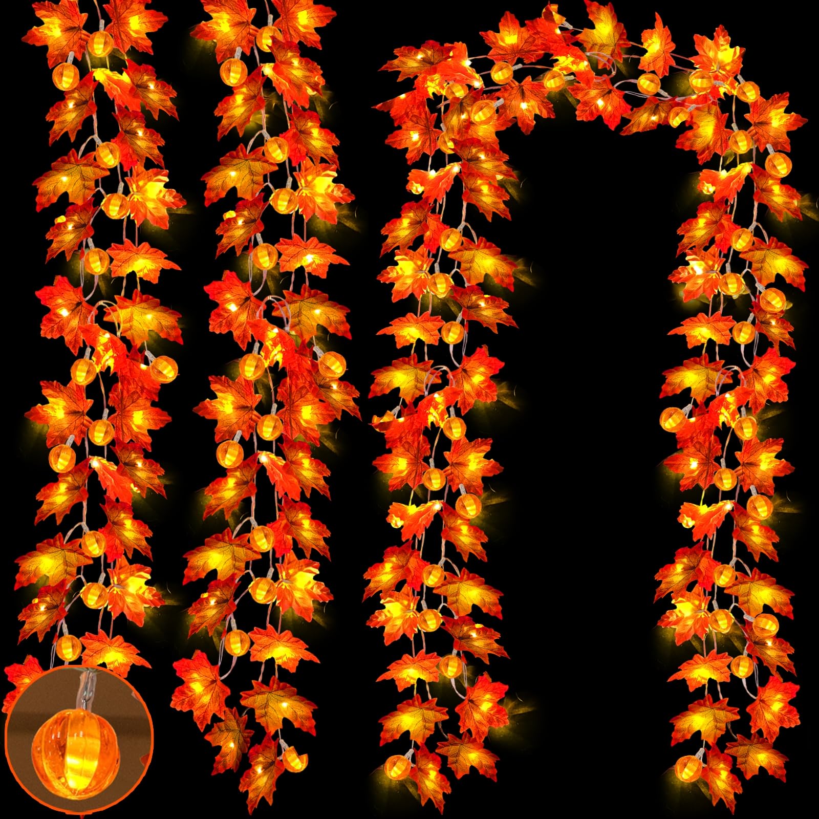[ Timer & 3 Pack & 3D Pumpkin ] 30Ft Fall Garland Thanksgiving Decorations 60 LED Leaf Lights Patented Realistic Maple Leaf Batt