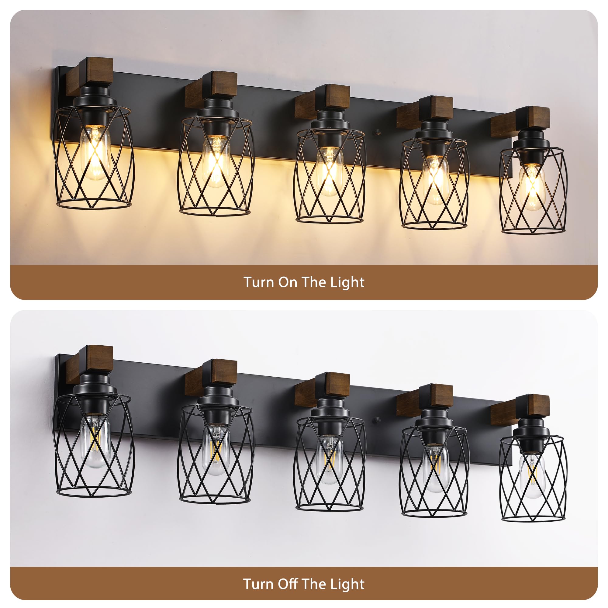 Xvmbvm Farmhouse Bathroom Vanity Light  5-Light Wood Bathroom Light Fixtures Over Mirror  Black Industrial Vanity Lights With Metal Shade  Rustic Bathrooms Lighting For Living Room  Bedrooms  Hallway