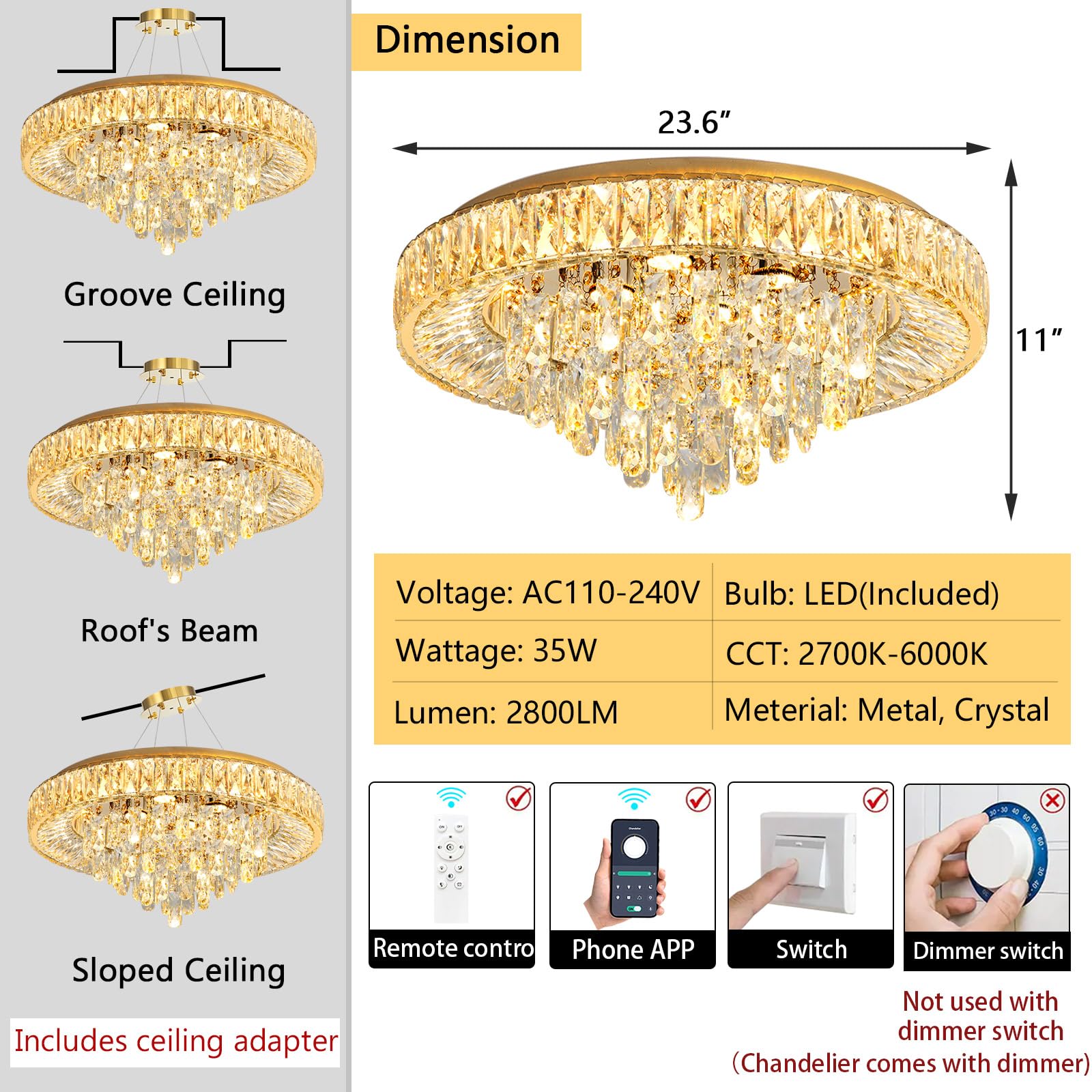 23.6'' Modern Crystal Chandeliers Led Dimmable Flush Mount Ceiling Chandeliers For Living Room Entrance Foyer Bedroom Gold