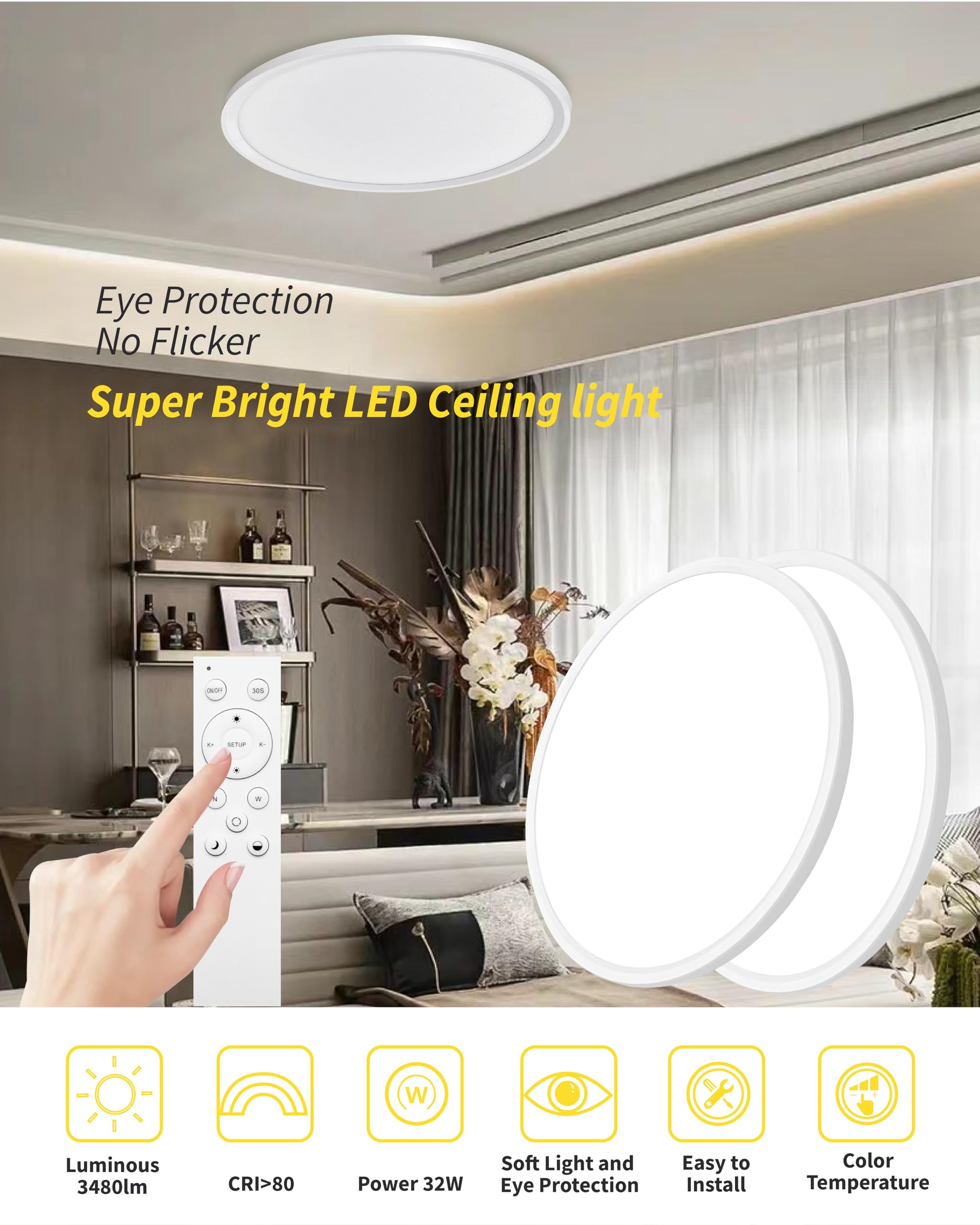 Bright Future Lighting 2Pack LED Ceiling Light Panel, Dimmable, 32W, 3840LM, 2700K-6000K, 16 Inch, White, Model B