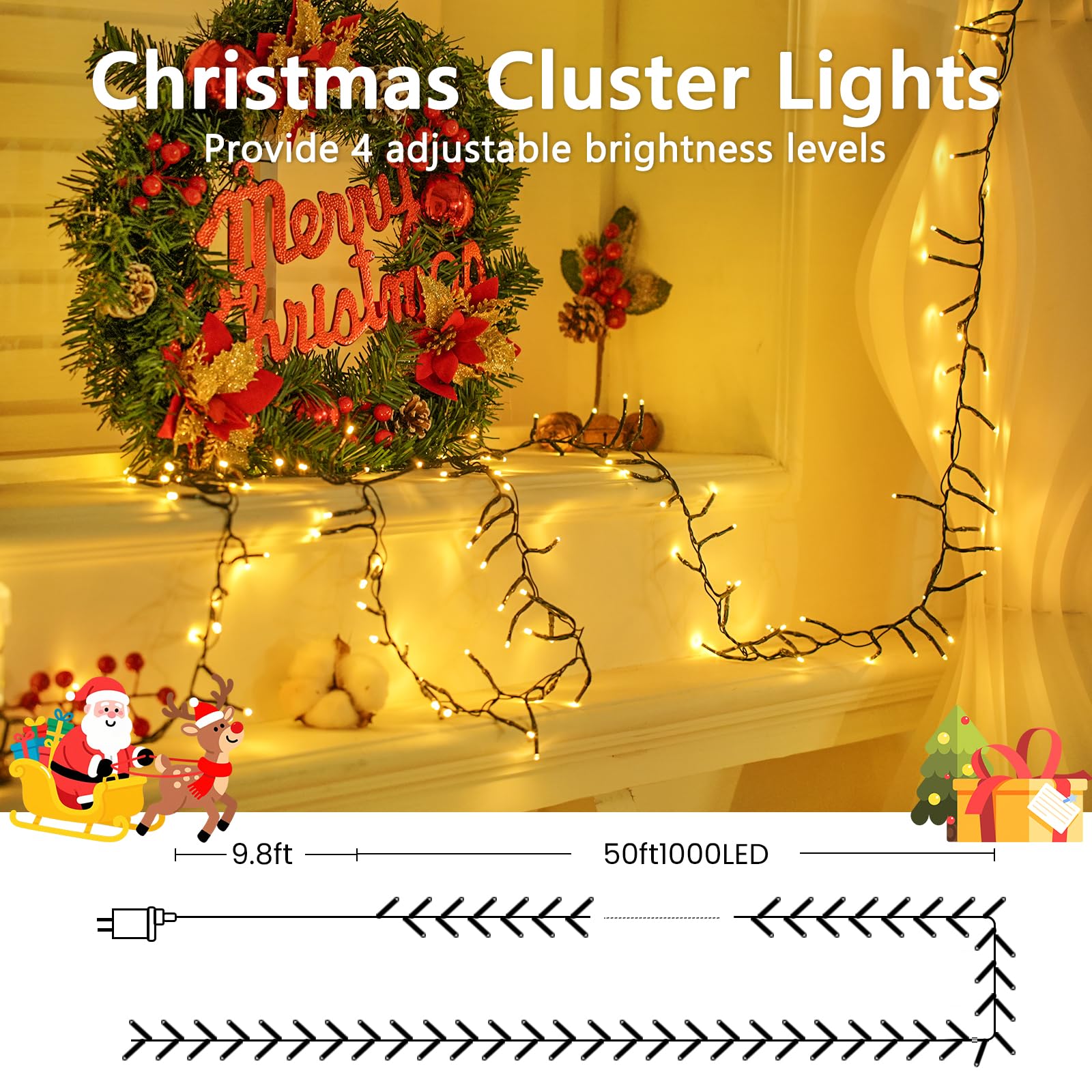 50Ft 1000 Led Cluster Christmas Lights  Christmas Tree Lights Outdoor Indoor With 8 Modes & Timer & Remote  Fire ers String Lights Waterproof For Garland Party Xmas Decorations  Warm White