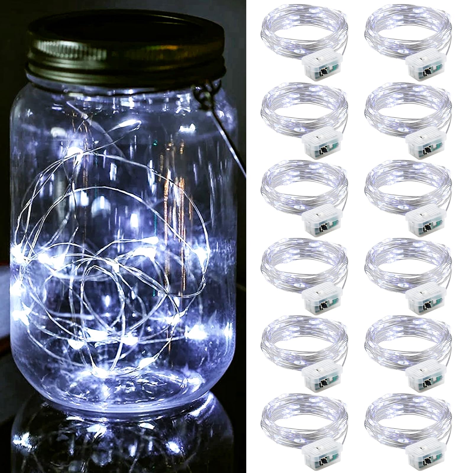 ZGWJ 12 Pack Fairy Lights Battery Operated  7FT 20LED Mini Fairy String Lights Silver Wire 3 Modes for DIY  Parties  Wedding  Bedroom  Halloween Christmas Decoration- Cold White