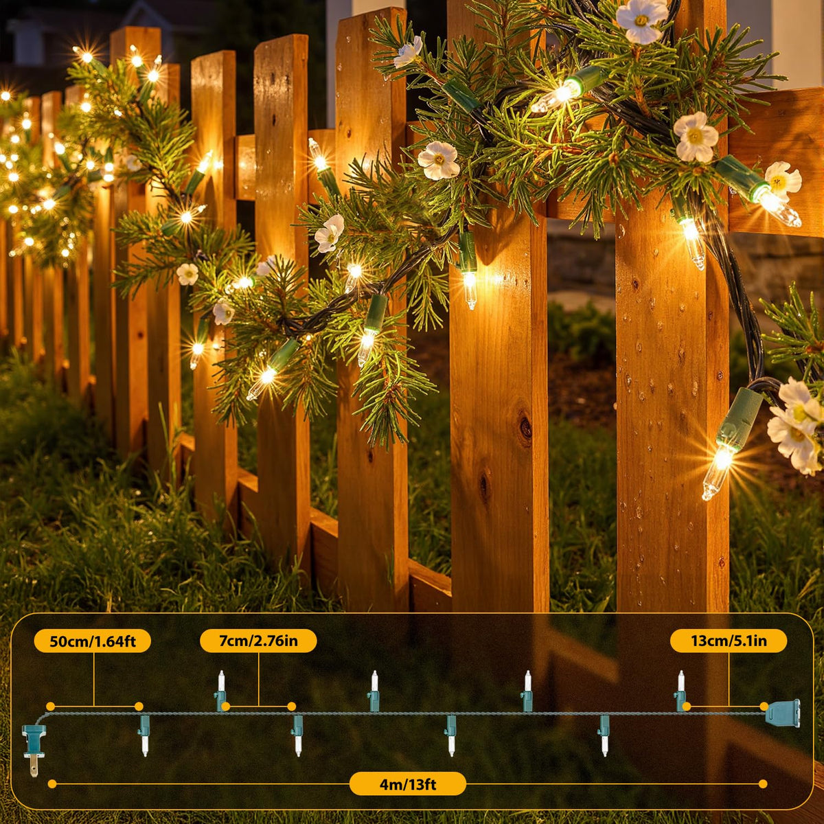 Christmas Lights 50-Count Clear Mini Warm White Lights – Green Wire, UL Certified, Connectable Up To 5 Sets, IP44 Waterproof, For Indoor/Outdoor Holiday Decor