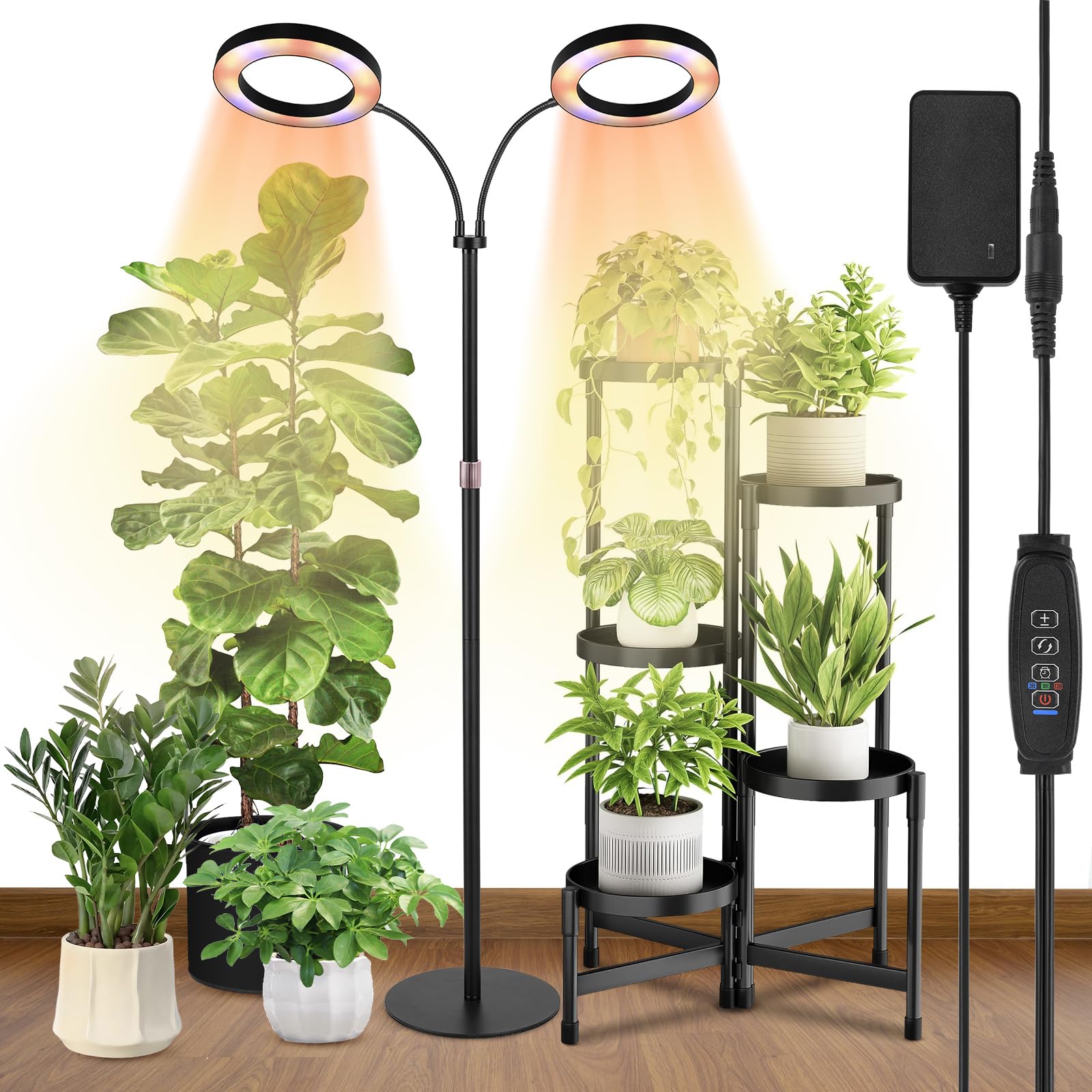Dual-Head Grow Lights for Indoor Plants, LED Full Spectrum Floor Plant Lamp with Timer 3/9/12H, Height Adjustable 23-67 Standing