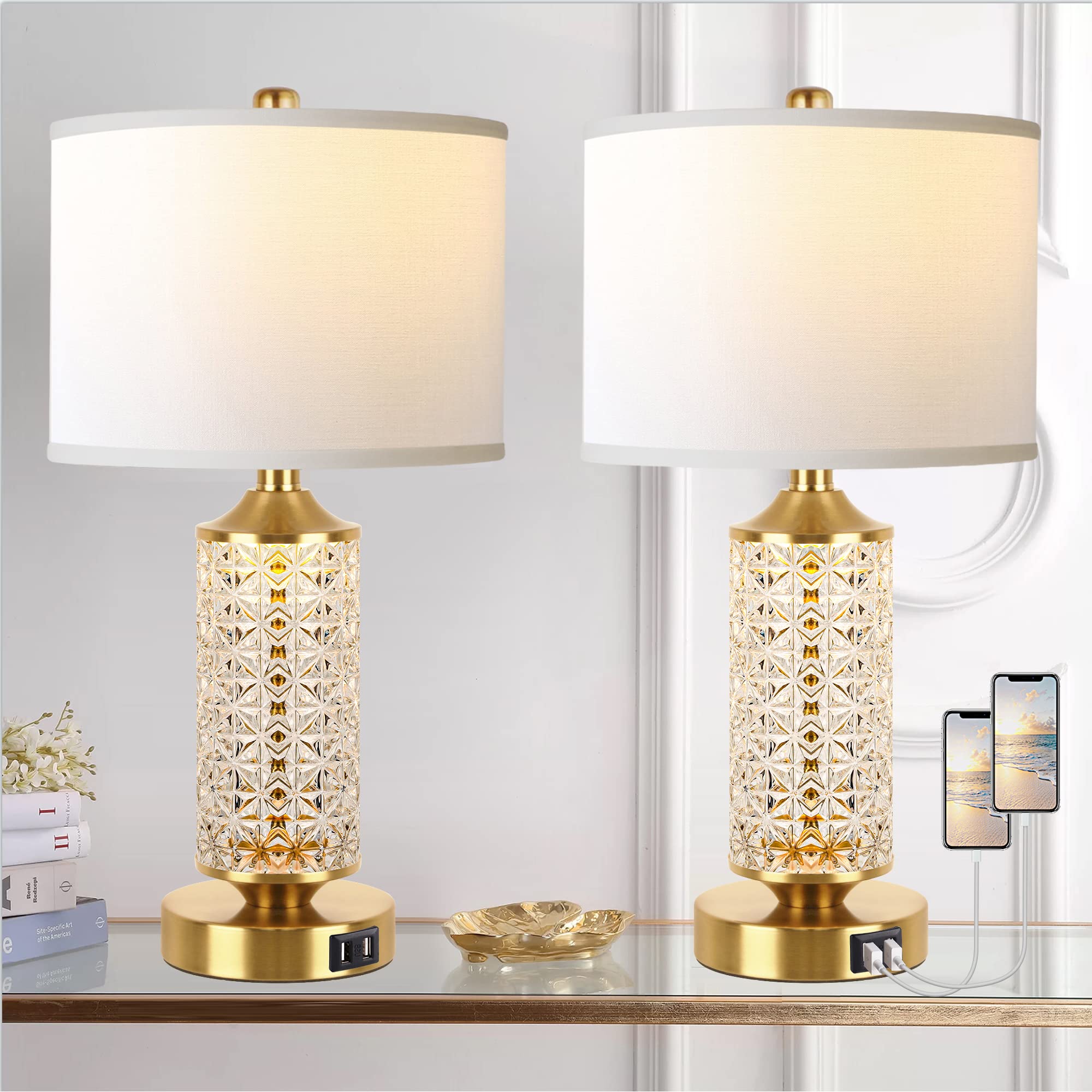 QiMH Set of 2 Table Lamps with USB Ports, Modern Bedside Lamp with LED Night Light for Bedroom, Nightstand Lamps for Living Room