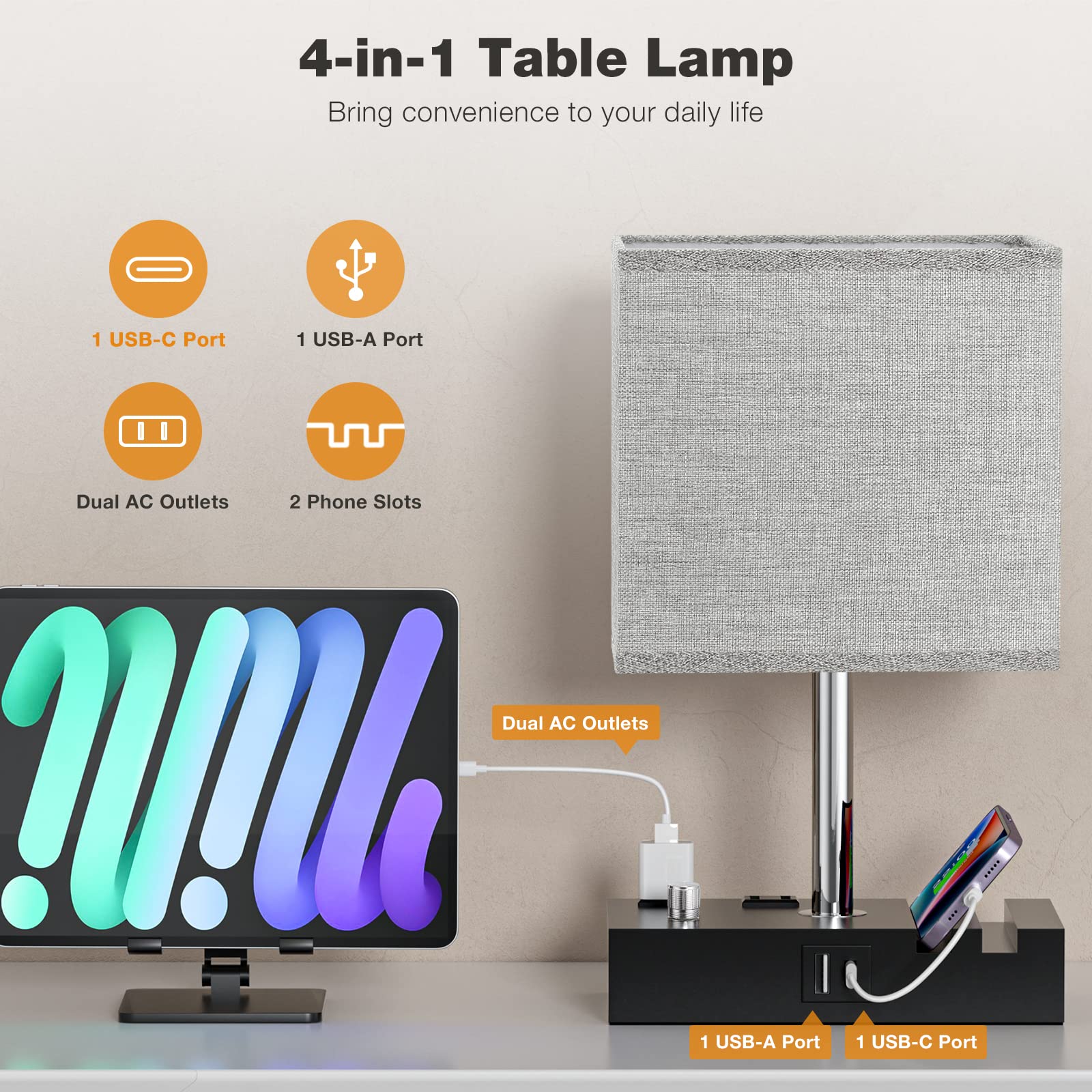 Kakanuo Bedside Lamps Set Of 2, Fully Dimmable Grey Wooden Table Lamps With Usb C Ports And Phone Stand, Bulb Included