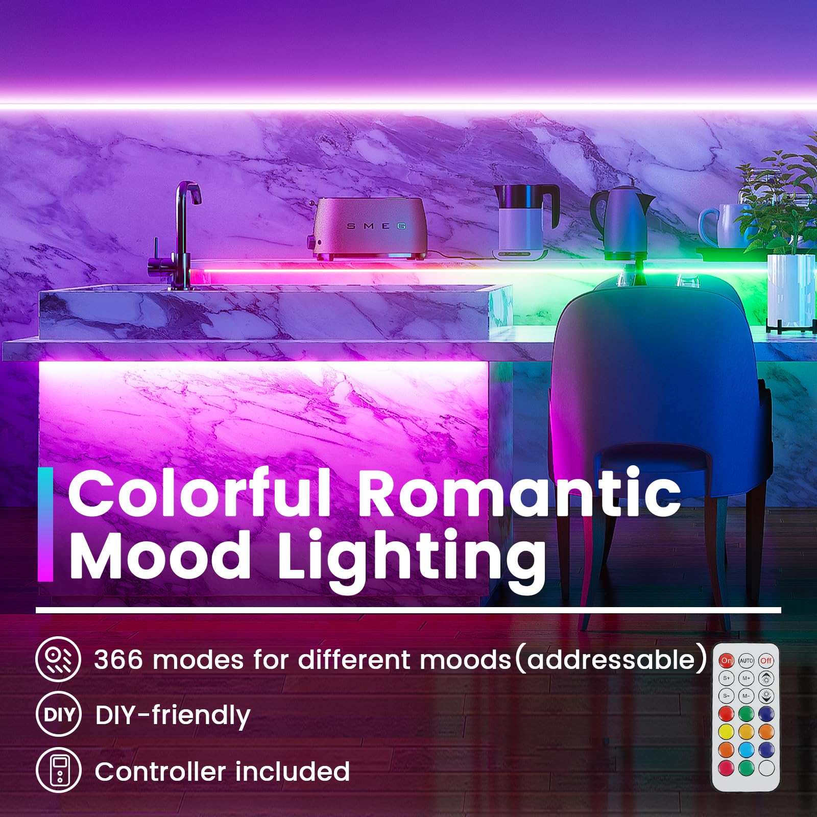 Muzata RGB LED Strip Light 16.4FT, High Density 96 LEDs, Model AC1L, Copper Material, Regular Size