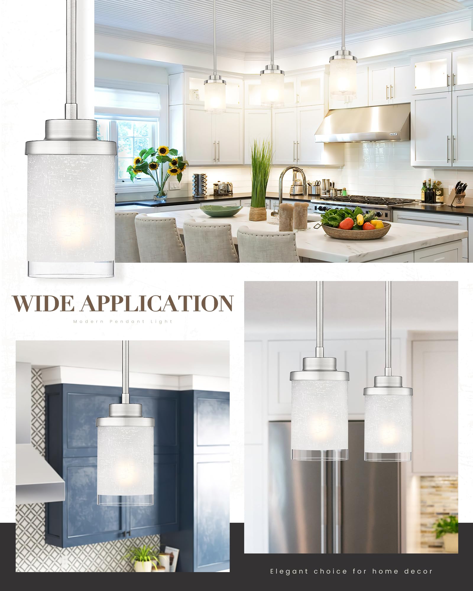 TENGXIN Modern Pendant Light, Brushed Nickel, Glass, 2-Pack, Model TXPLBN01-2PK