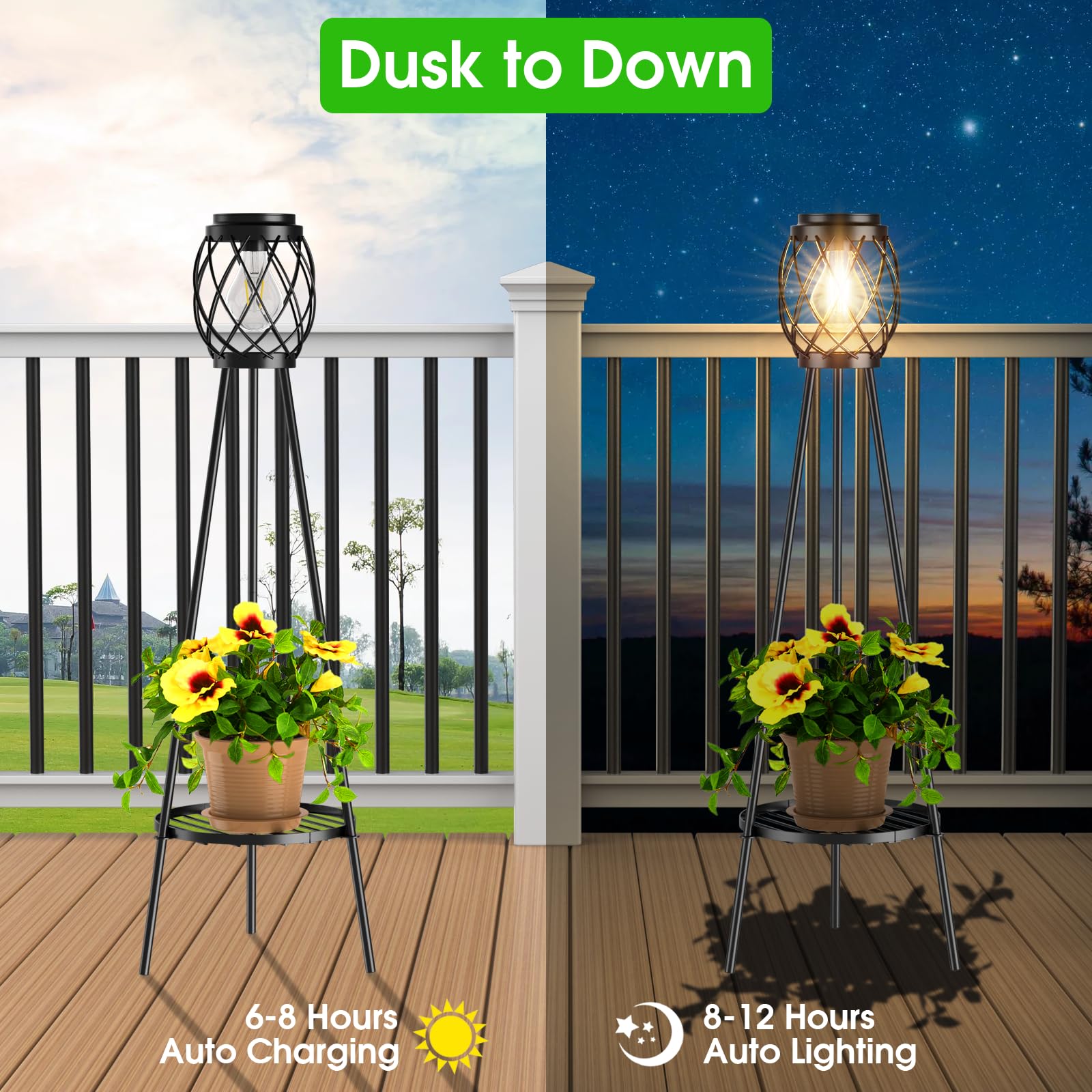 Mxwcy Solar Floor Lamp With Plant Stands,Solar Lights Outdoor With Vintage Led Edison Bulbs, Weatherproof Garden Lights For Path
