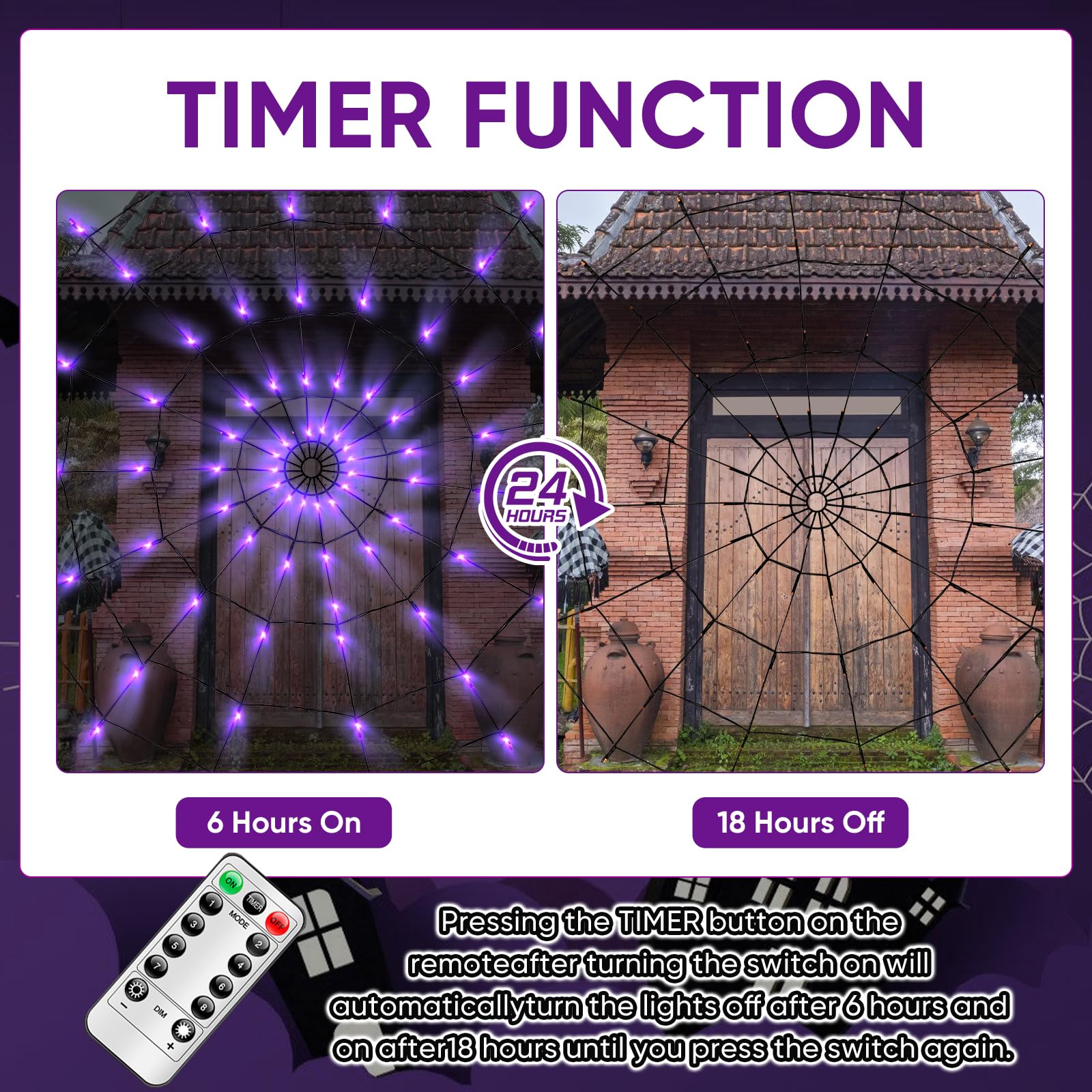 Halloween Decorations Spider Web Lights - 2 Pcs Light Up Spider Web, 4Ft Diameter 70 Led With Black Spider, Waterproof, Remote Control, 8 Modes Cobweb Halloween Decorations (Purple+Orange)