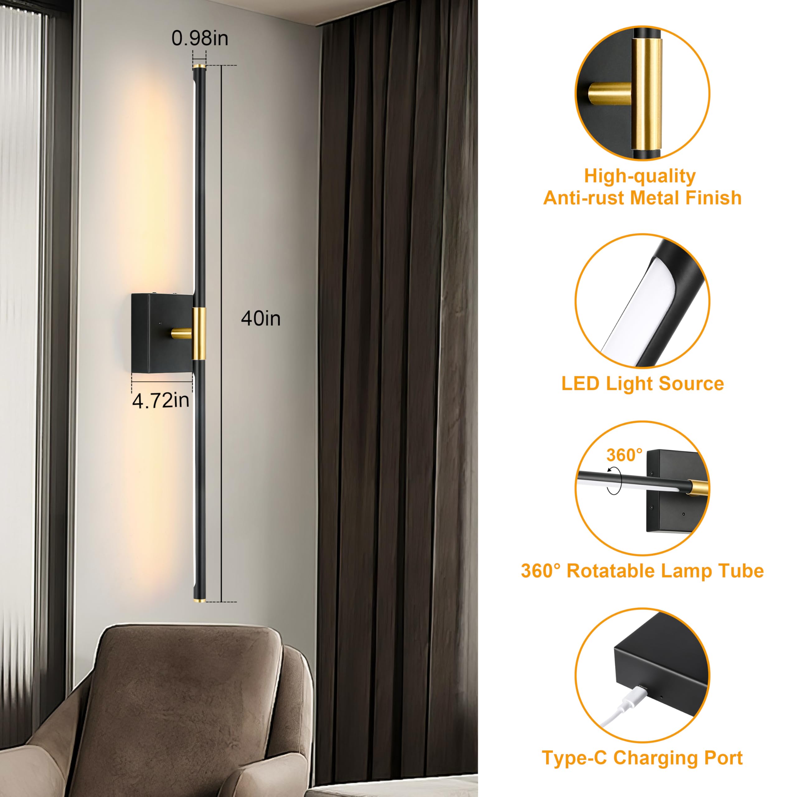 Morauroral Battery Operated Wall Sconce, Black Gold Rechargeable Wall Sconces With Remote Control, Dimmable Sconces Wall Lightin