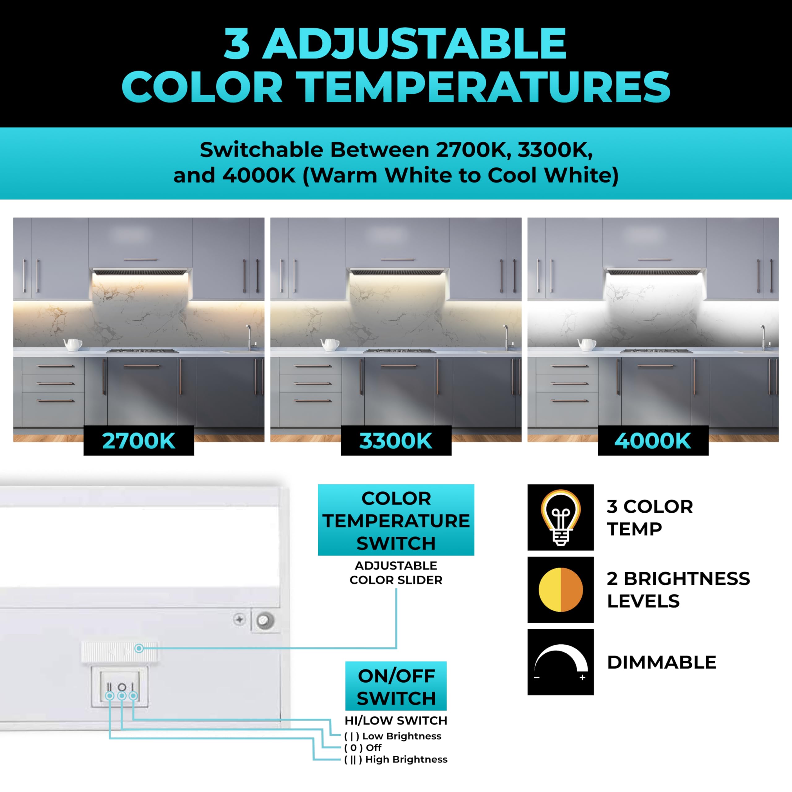 Led Under Cabinet Lighting Hardwired - Linkable Undercabinet Lights For Kitchen - 3Cct 9 Inch White Finish - Undercounter Dimmable Plug In Light Or Hard Wired - Under Counter Fixture Direct Wire