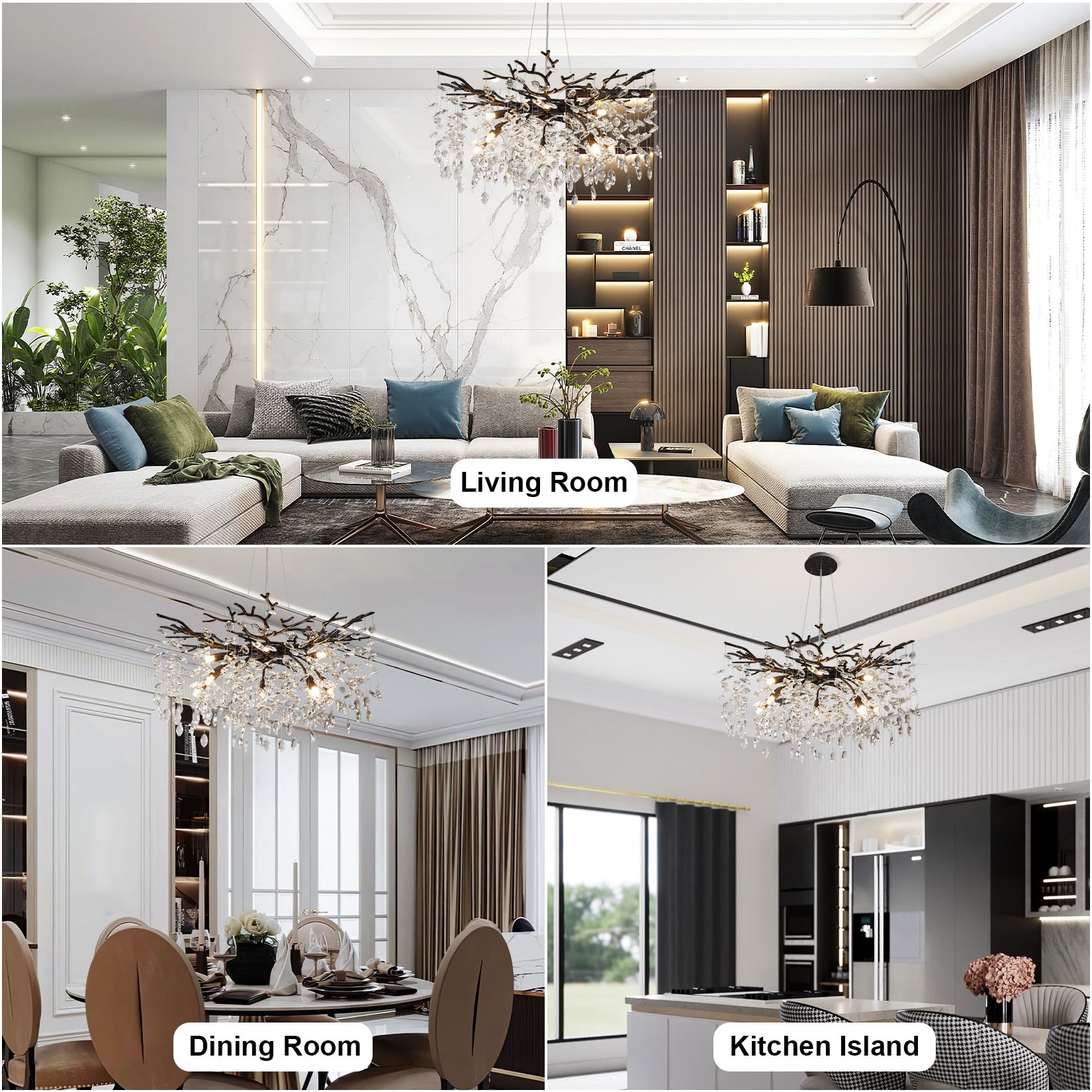 Yuyi Modern Crystal Chandelier, 30'' Black Tree Branch Chandelier, 10-Light Round Chandeliers For Dining Room, Living Room, Foye
