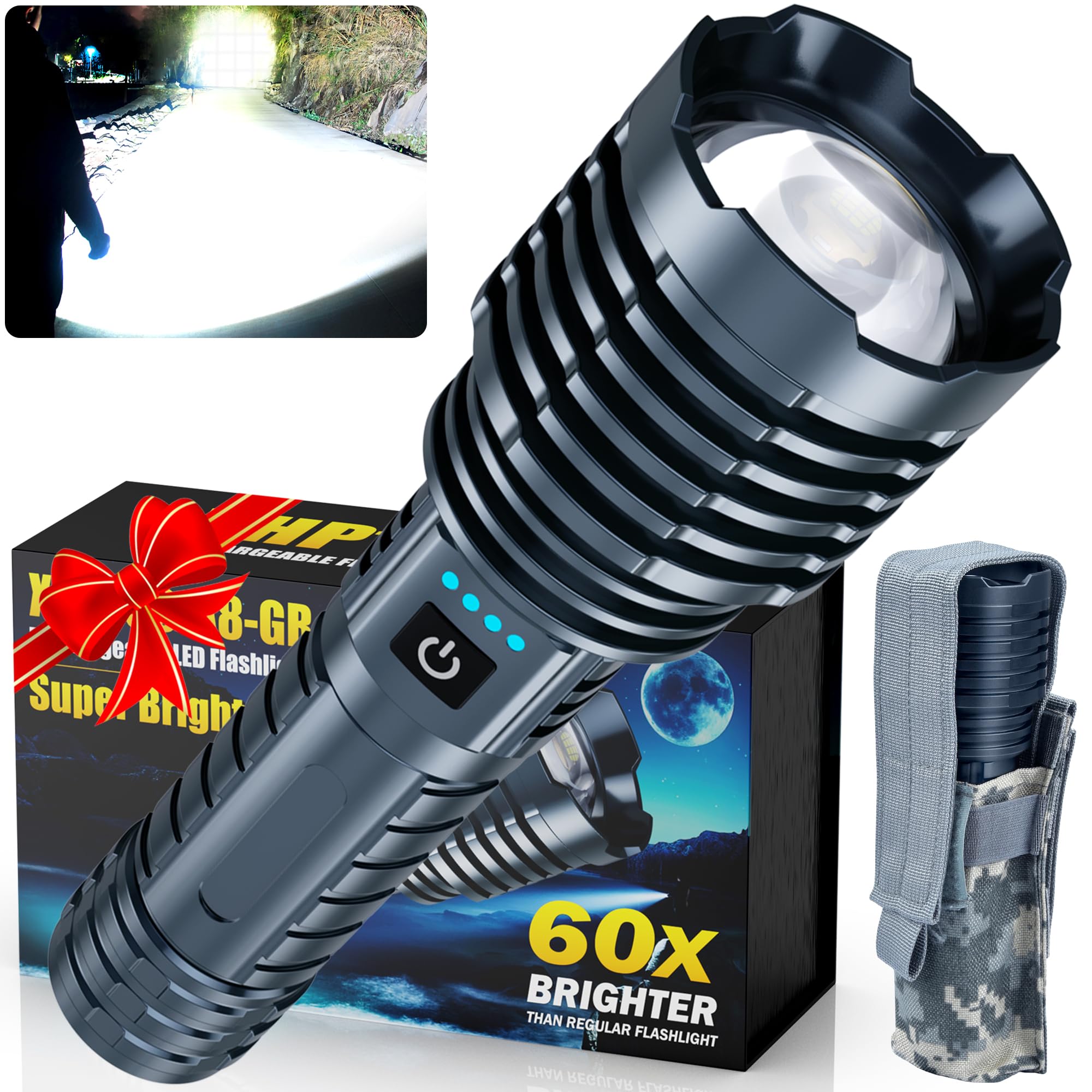 Super Bright Rechargeable LED Flashlights 2500000 High Lumens,Powerful Tactical Flashlight Up to 25H Long Battery Life|Zoomable|