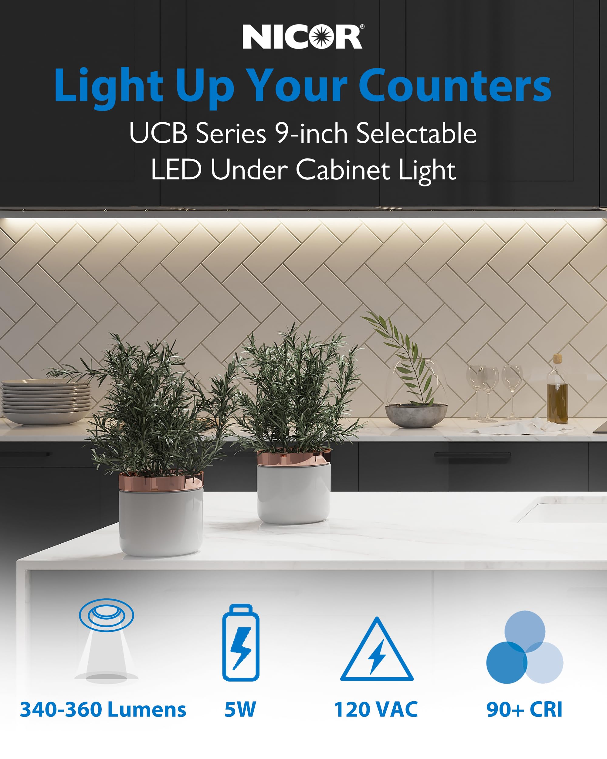 Nicor Lighting 9” Led Direct Wire Under Cabinet Light - Dimmable Undercounter Led Lights For Kitchen - Selectable Cct 2700K-5000K, 340-360 Lumens, 5W - Ucb Series Hardwired Under Cabinet Lighting