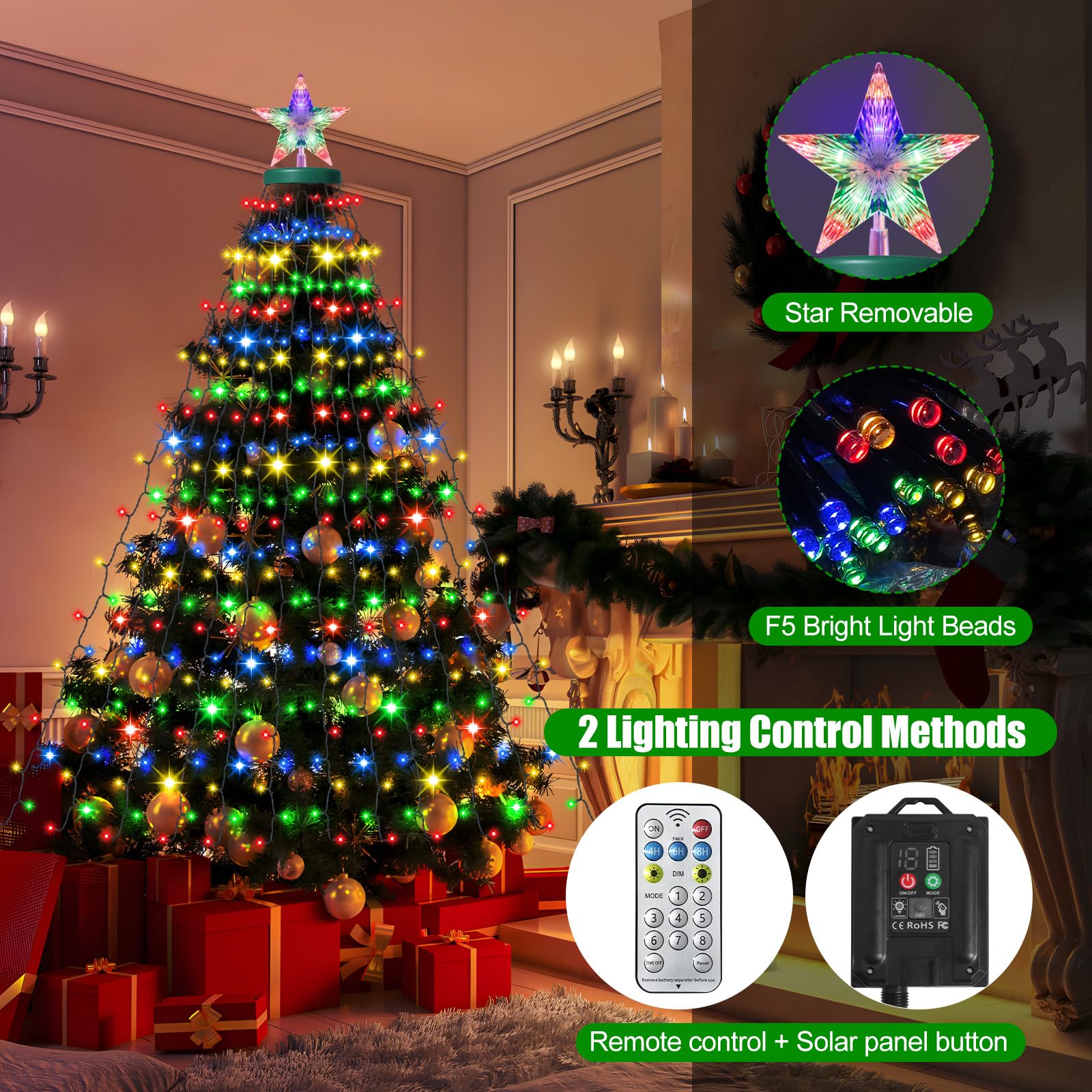 AMIPEPE Solar Christmas Tree Lights with Star Topper, 410 LED 6.6FT x 16 Lines Christmas String Lights with 8 Models Timer Remot