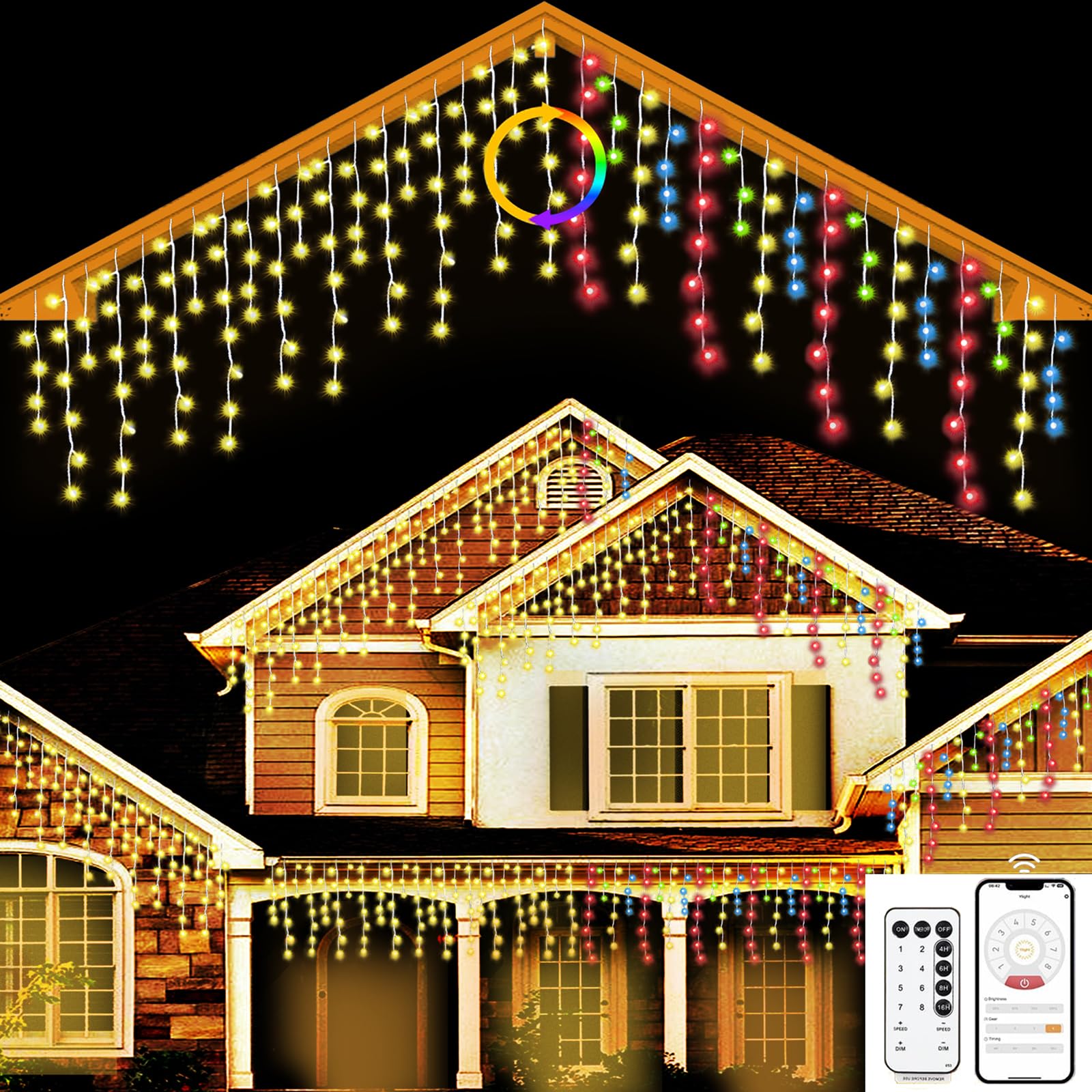 SOSHOT Christmas String Lights - 1280 LED, 99Ft, Waterproof, 8 Modes, Remote Control, Warm White to Multicolor, Model SJDHAZ-030-006W2
