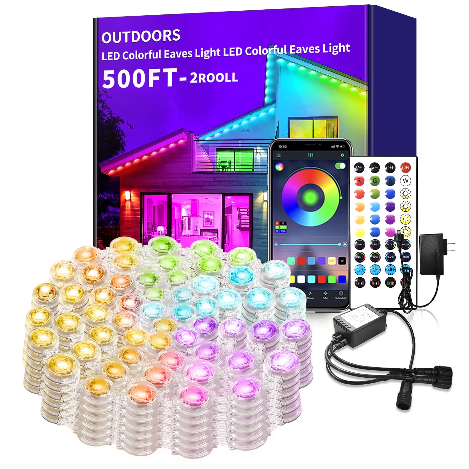500ft Permanent Outdoor Light  RGB Smart Outdoor eave Lights with APP & Remote Control timed Music synchronisation IP67 Waterproof LED eave Light Suitable for Party Halloween Christmas Rooftop Garden