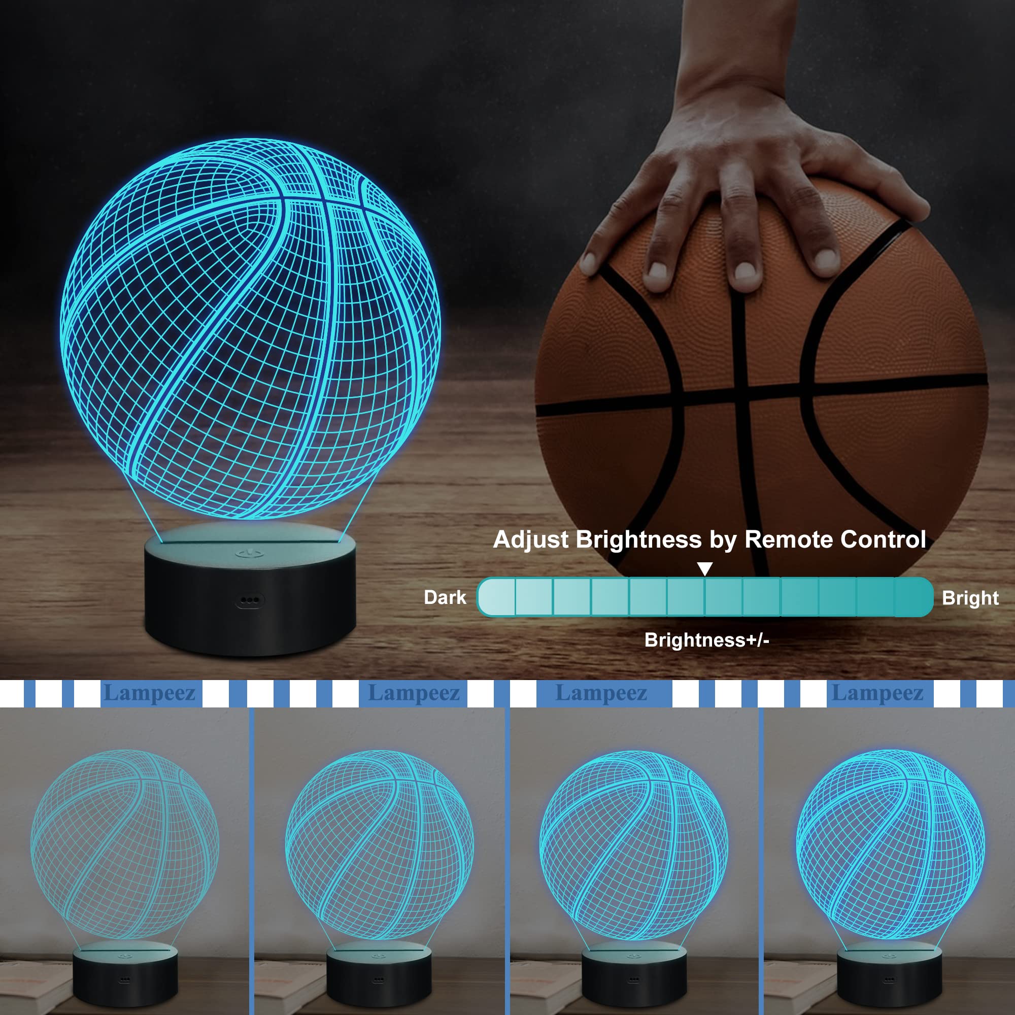 Lampeez 3D Optical Illusion Basketball Night Light with Remote Control, 16 Colors, Model FS-2810-9999