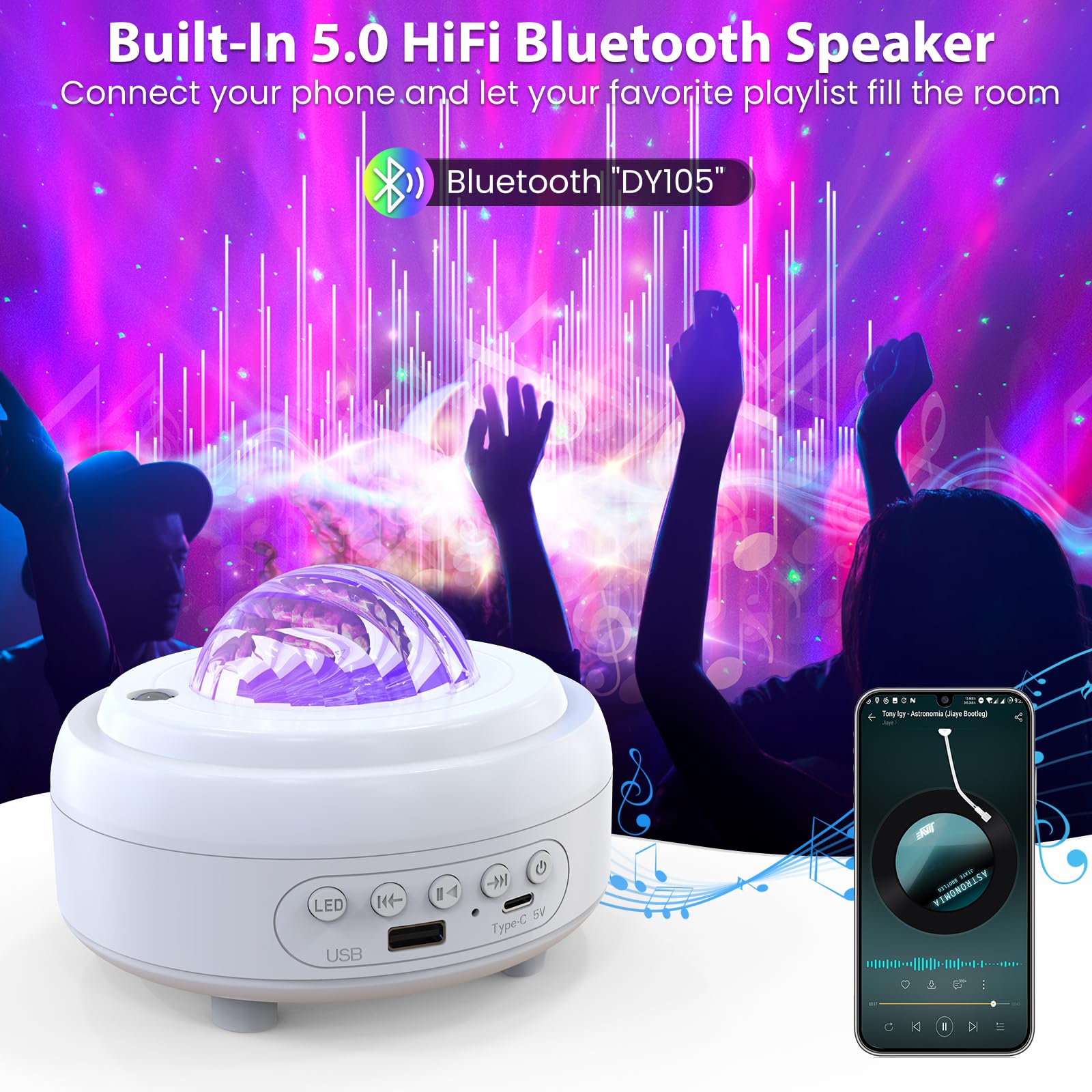 HUMIIEYE Galaxy Projector with Bluetooth Speaker, 8 Modes Northern Lights, Model DY105, White