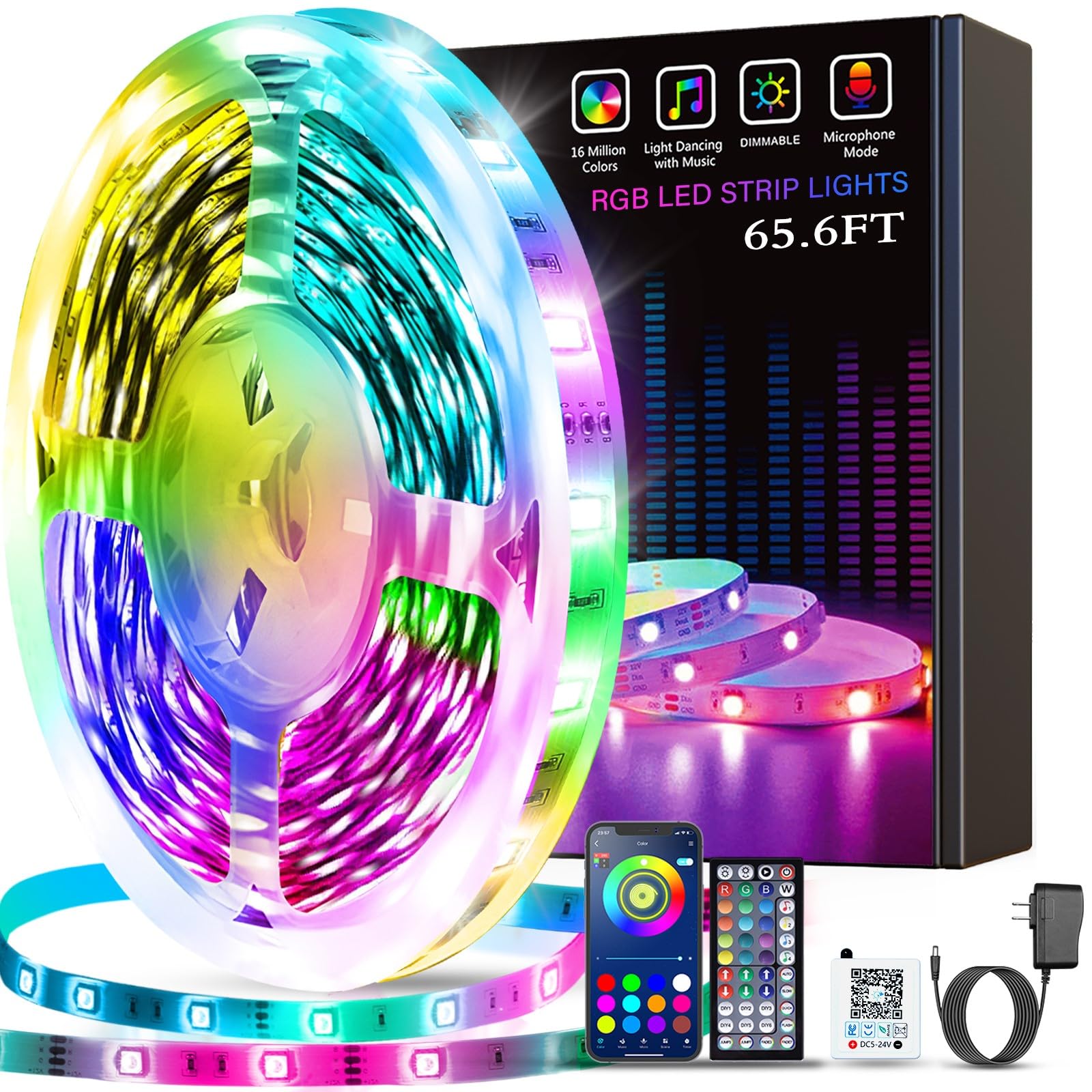 Tenmiro LED Strip Lights, 65.6ft RGB Rope Lights, Music Sync, APP & Remote Control, Multicolor, Plastic, Model T-20