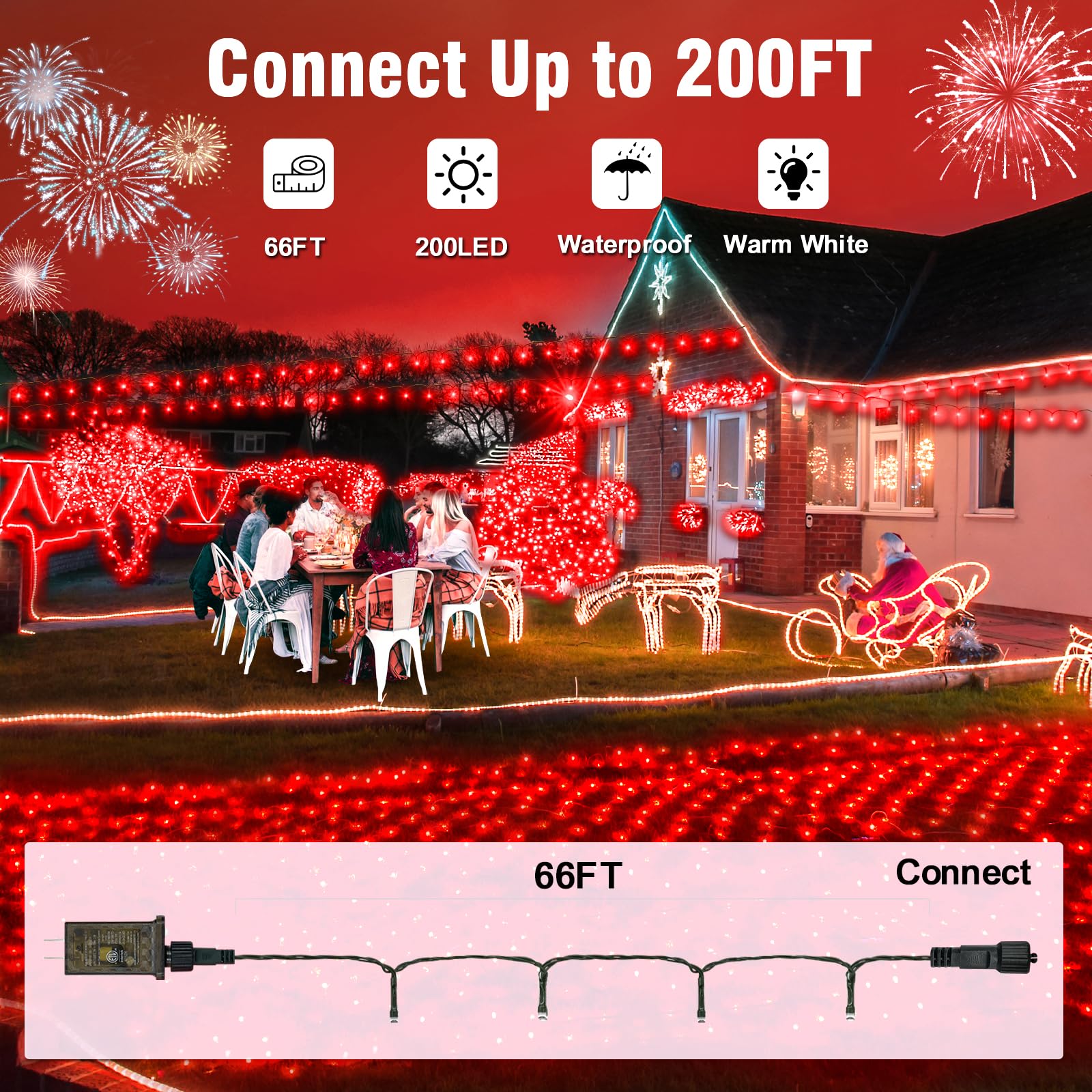 Nisocy 200 Led Red String Lights With Green Wire  Waterproof Christmas Tree Fairy Lights With 8 Modes  Indoor Outdoor Decorative Lighting For Holiday  Party  Garden  Patio(66Ft)