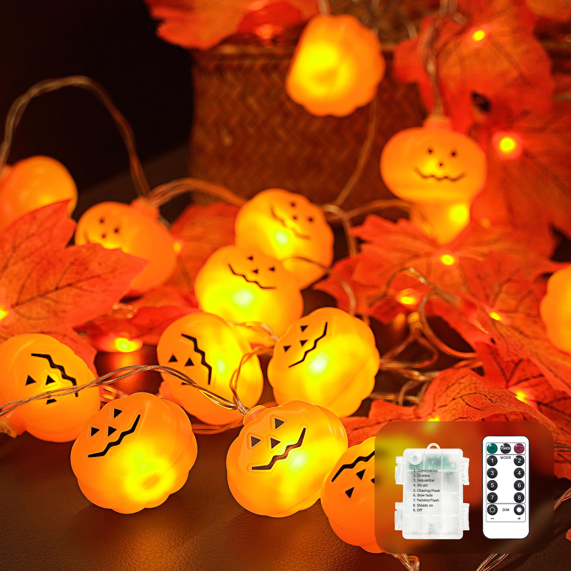 JACKYLED Christmas Decorations String Lights 30-LED Pumpkin Maple Leaf Decor Lights 15 FT 8 Modes with Remote Control and Timer 