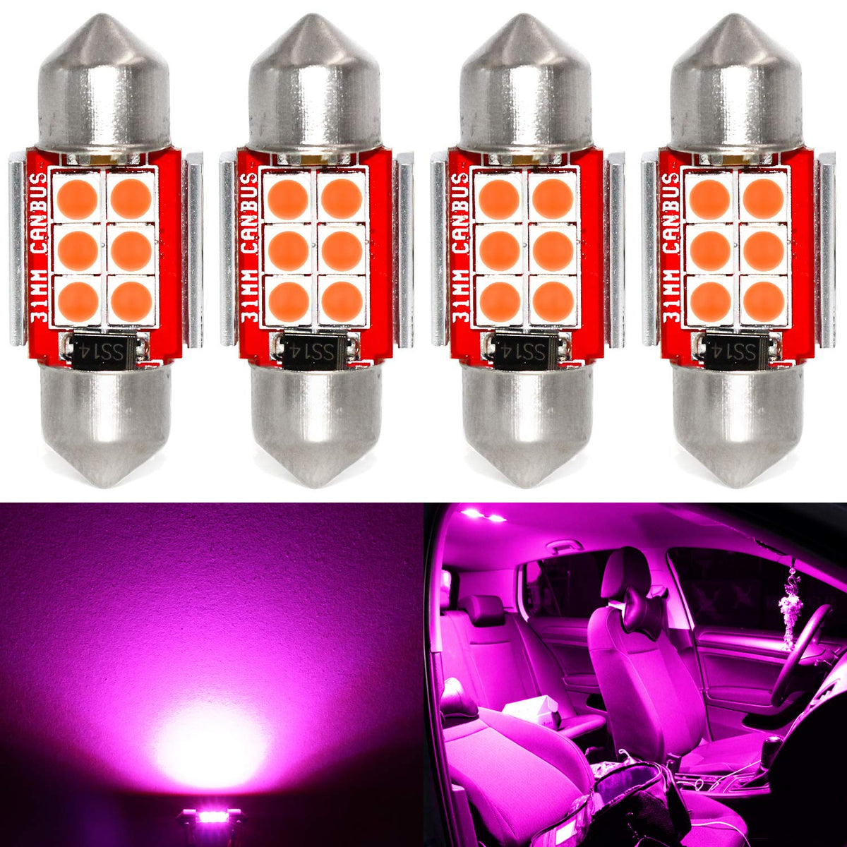 Phinlion Super Bright De3175 Led Purple Bulb 3030 6-Smd Festoon 1.25 '' 31Mm De3021 De3022 Miniature Led Bulbs For Car Interior 