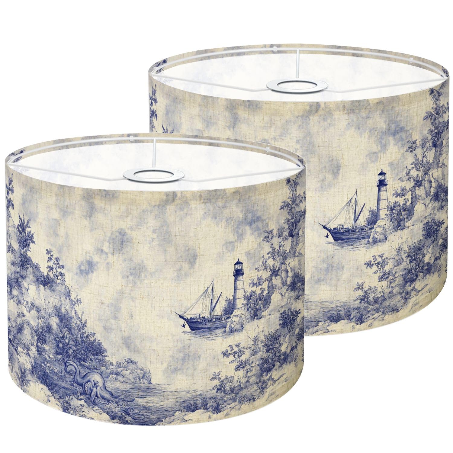 Lamp Shades Set of 2 Blue Deep Sea Toile Octopus Sailboat Lighthouse Foliage Ink Wash Drum Lampshades 8.9x11x11 for Table Lamps 