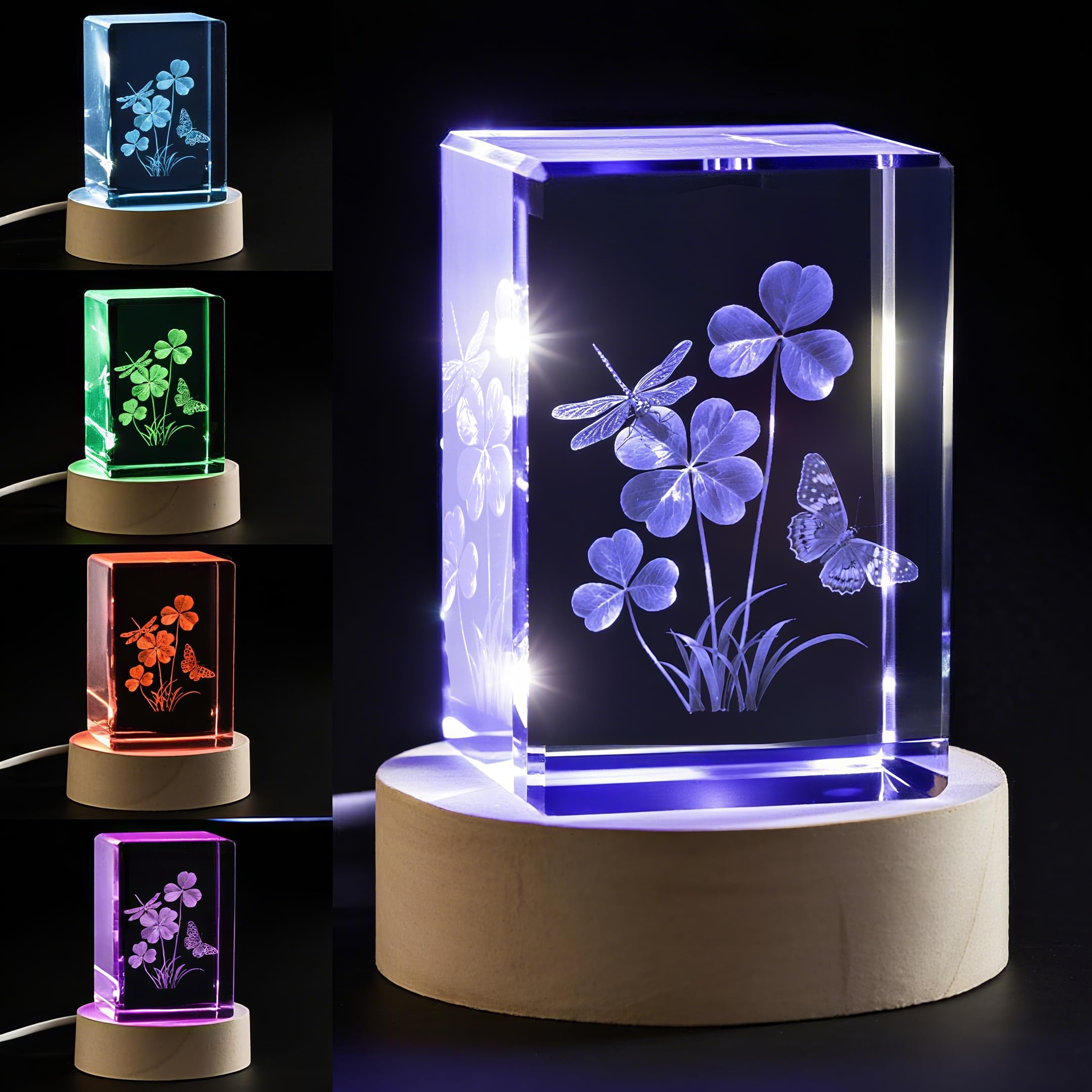 YouerCrystal 3D Four Leaf Clover Dragonfly & Butterfly Crystal, Irish Good Luck Decor, Collectible Figurines Birthday Gifts for 