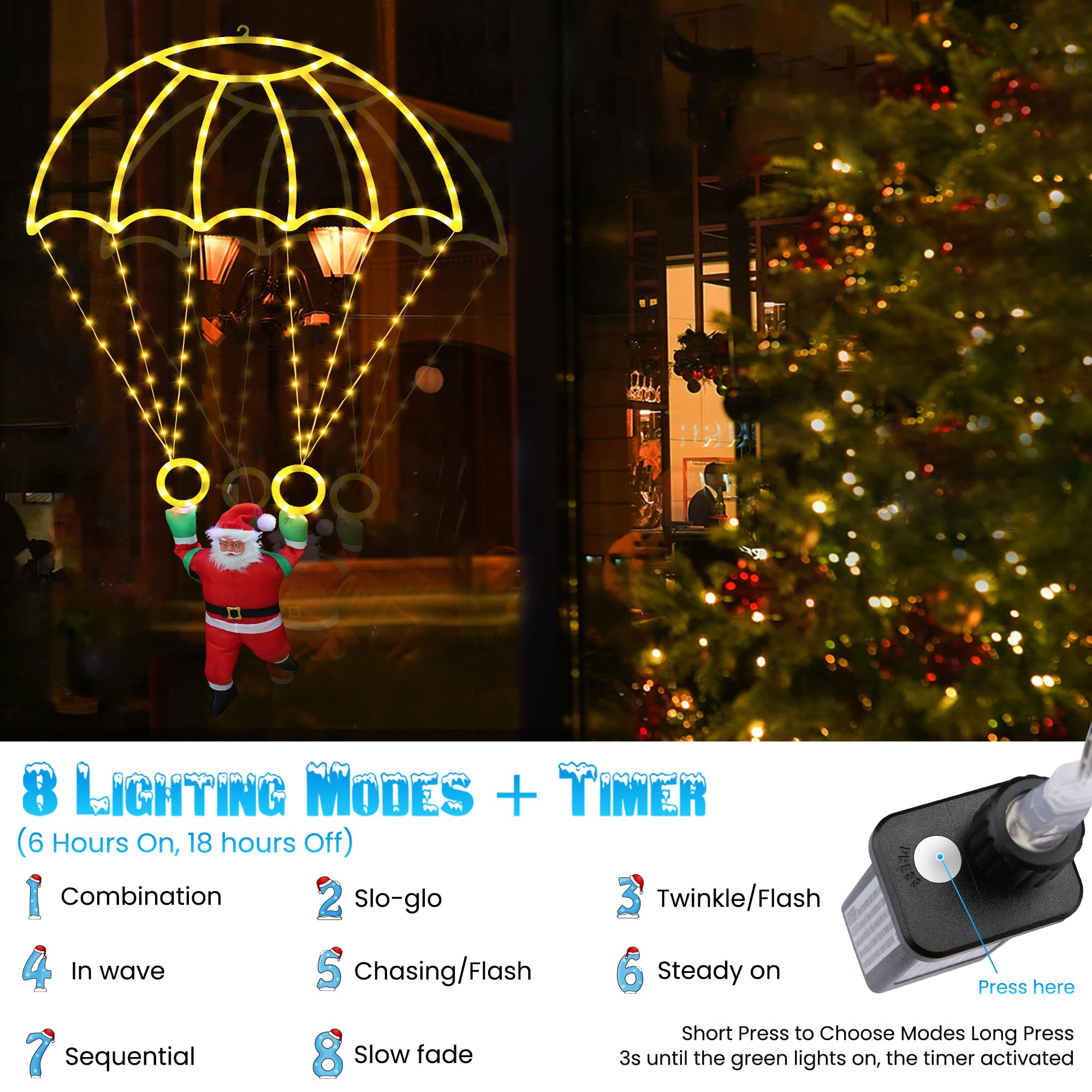 Toodour Christmas Parachute Lights, 2.8FT Waterproof Warm White LED, 8 Modes, Holiday Decorations for Indoor/Outdoor Use