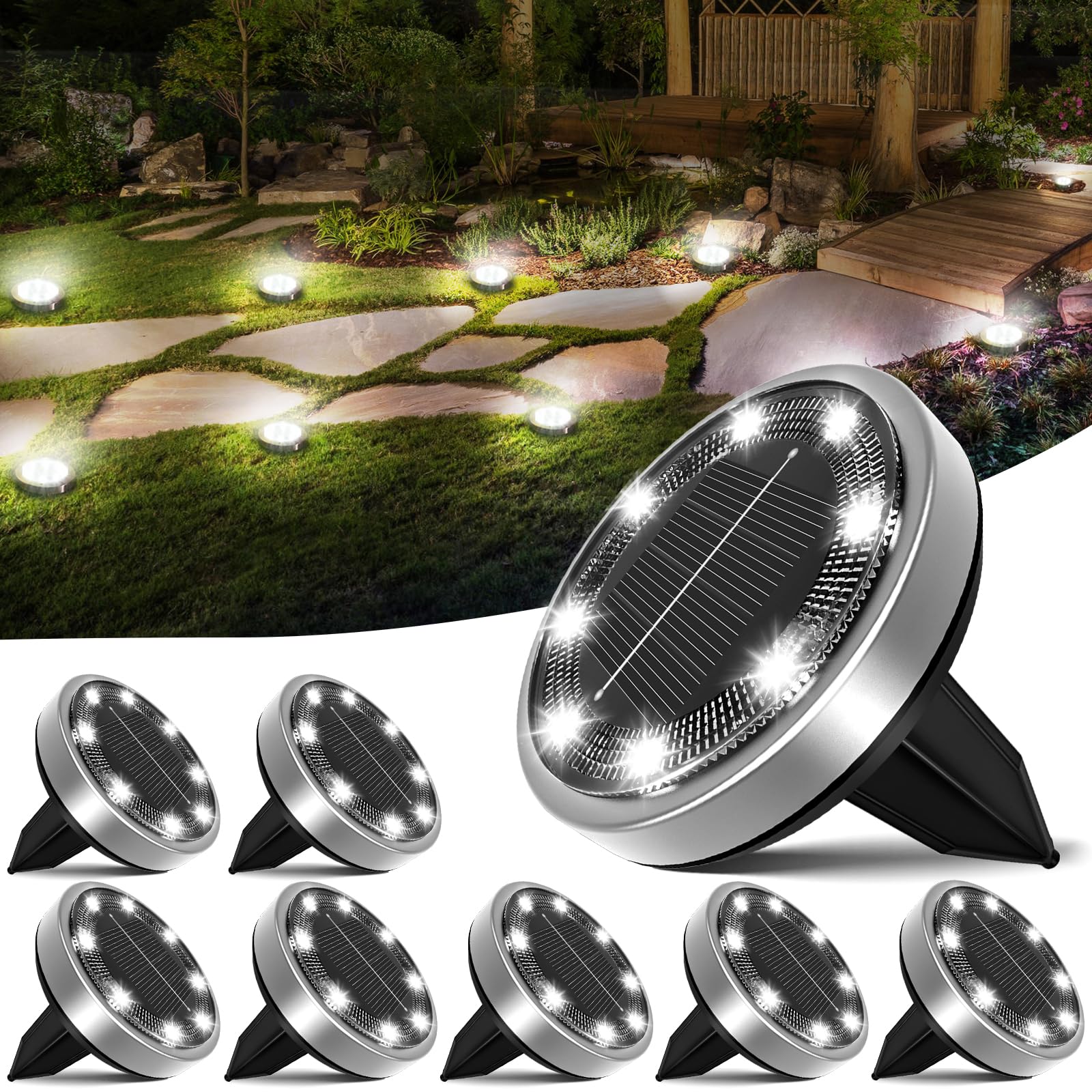 Nipify Solar Ground Lights 8 Pack - Waterproof Led Pathway Lights For Yard & Garden, Cool White