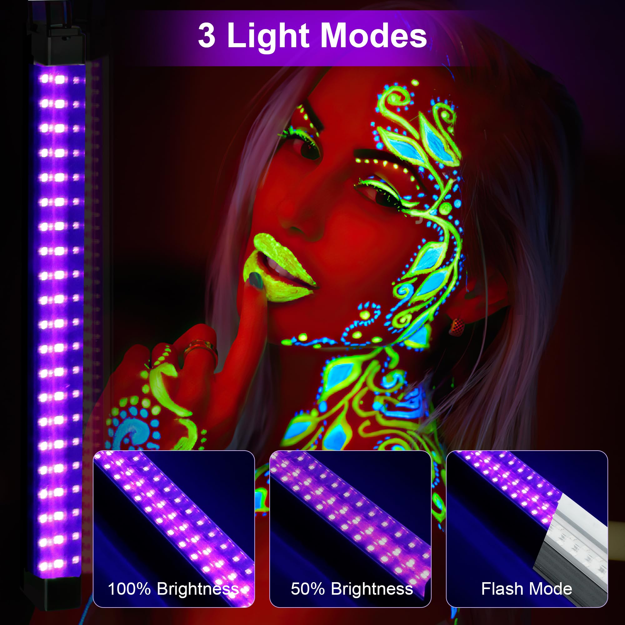 Destlife 4 Pack Rechargeable Black Light Bar 10W Battery Operated Blacklight, Portable BlackLights for Glow Party Fishing